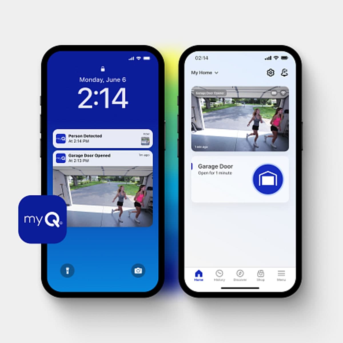 MyQ smart garage door opener app showing live status on two phones, from a State 48 opener installation