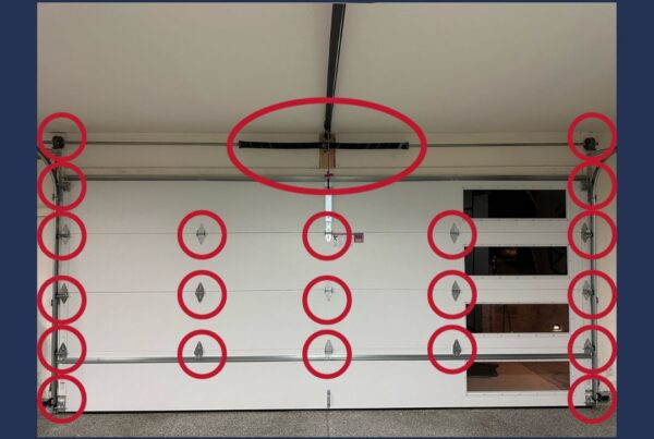 Diagram of where to spray garage door lubricant for maintenance and to reduce noise.