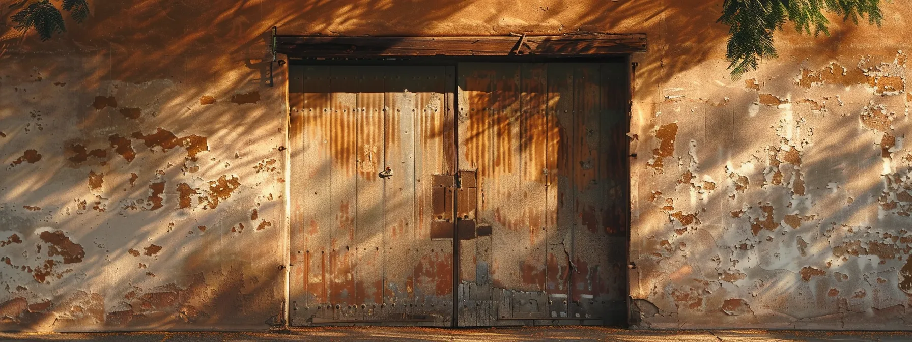 a dusty garage door rattling in the sweltering phoenix heat, showing signs of wear and neglect.
