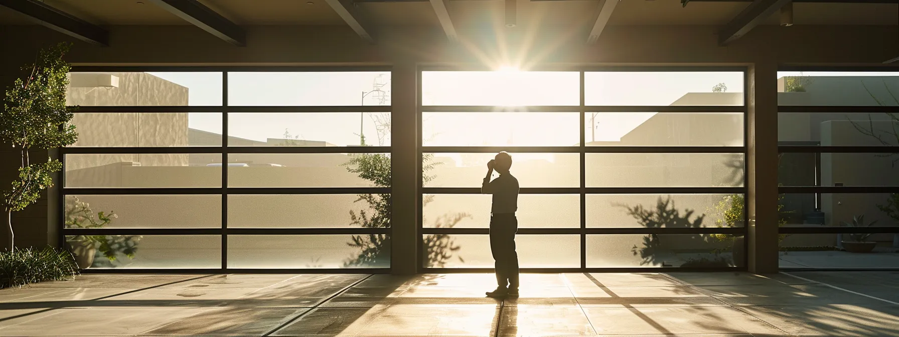 Silhouette of a person standing in front of a large garage door, sunlight streaming through glass panels, emphasizing professional garage door installation and maintenance services in Phoenix.