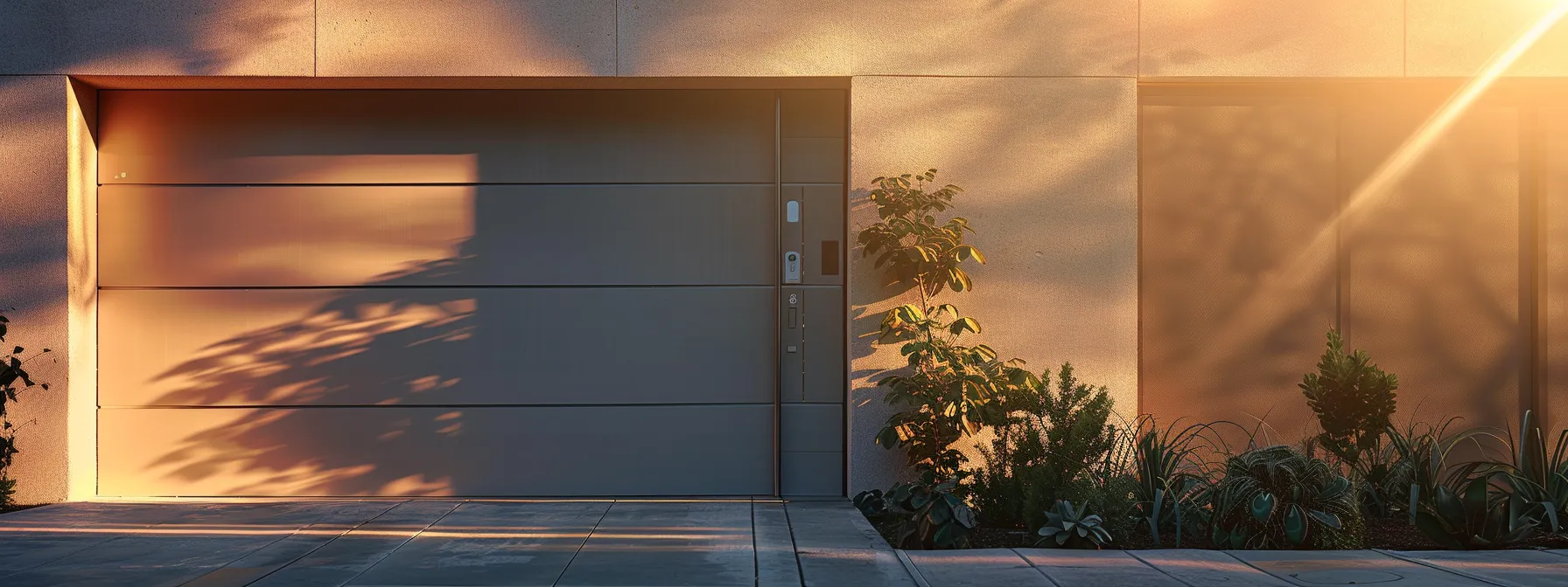 Modern garage door with sleek design, surrounded by greenery, illuminated by soft sunlight, emphasizing curb appeal and installation options in Phoenix.