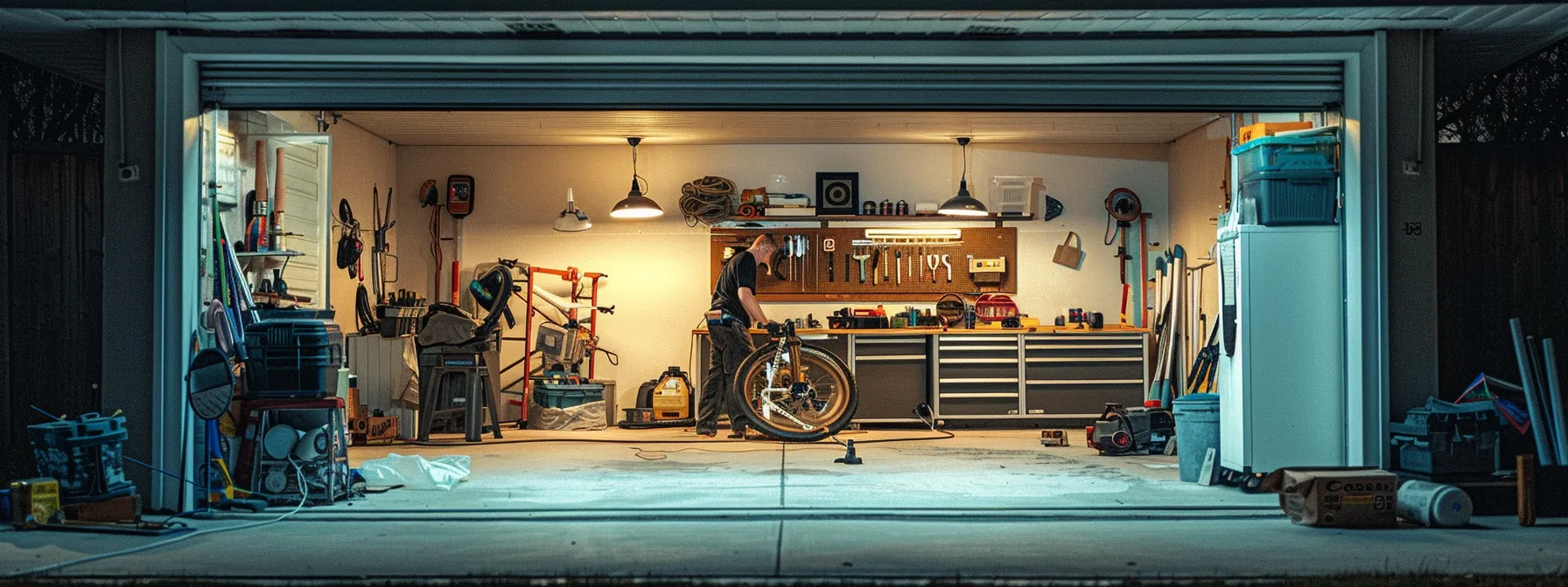 Garage interior with a person working on a bicycle, surrounded by tools and storage, emphasizing a well-organized space for DIY projects and maintenance.