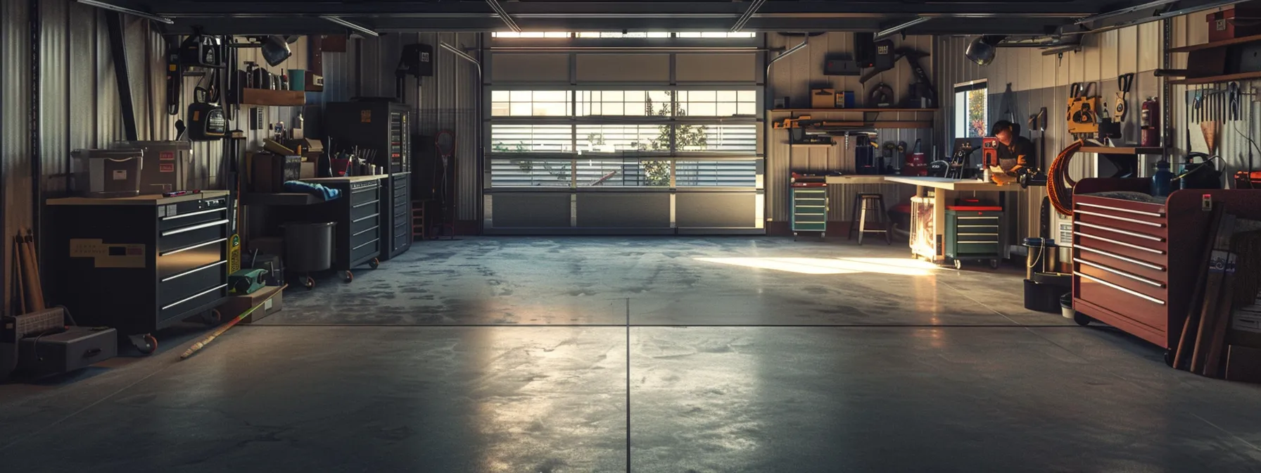 Spacious garage interior with organized tool storage, workbenches, and natural light filtering through a garage door, emphasizing the importance of maintenance for garage door functionality and performance.