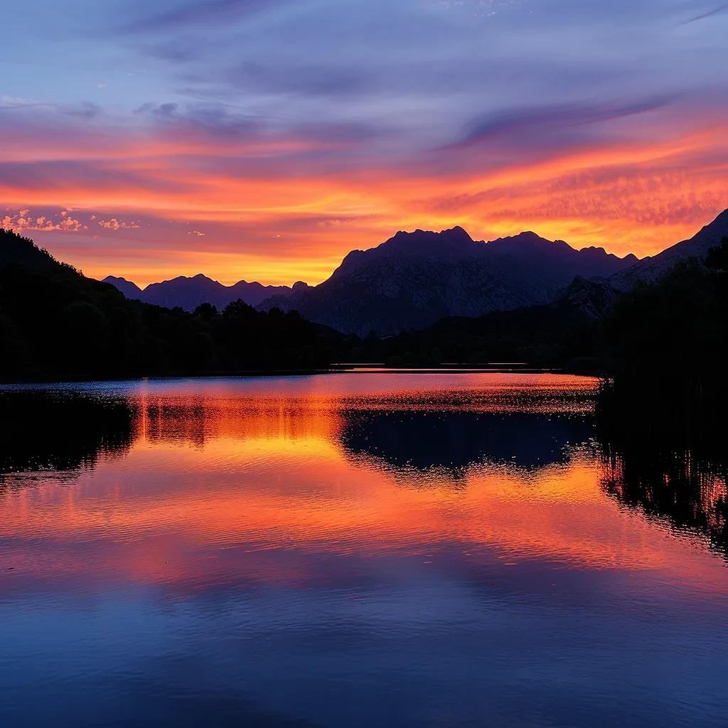 a breathtaking sunset casts vibrant hues of orange and pink across the tranquil lake, reflecting the silhouettes of majestic mountains in the background.
