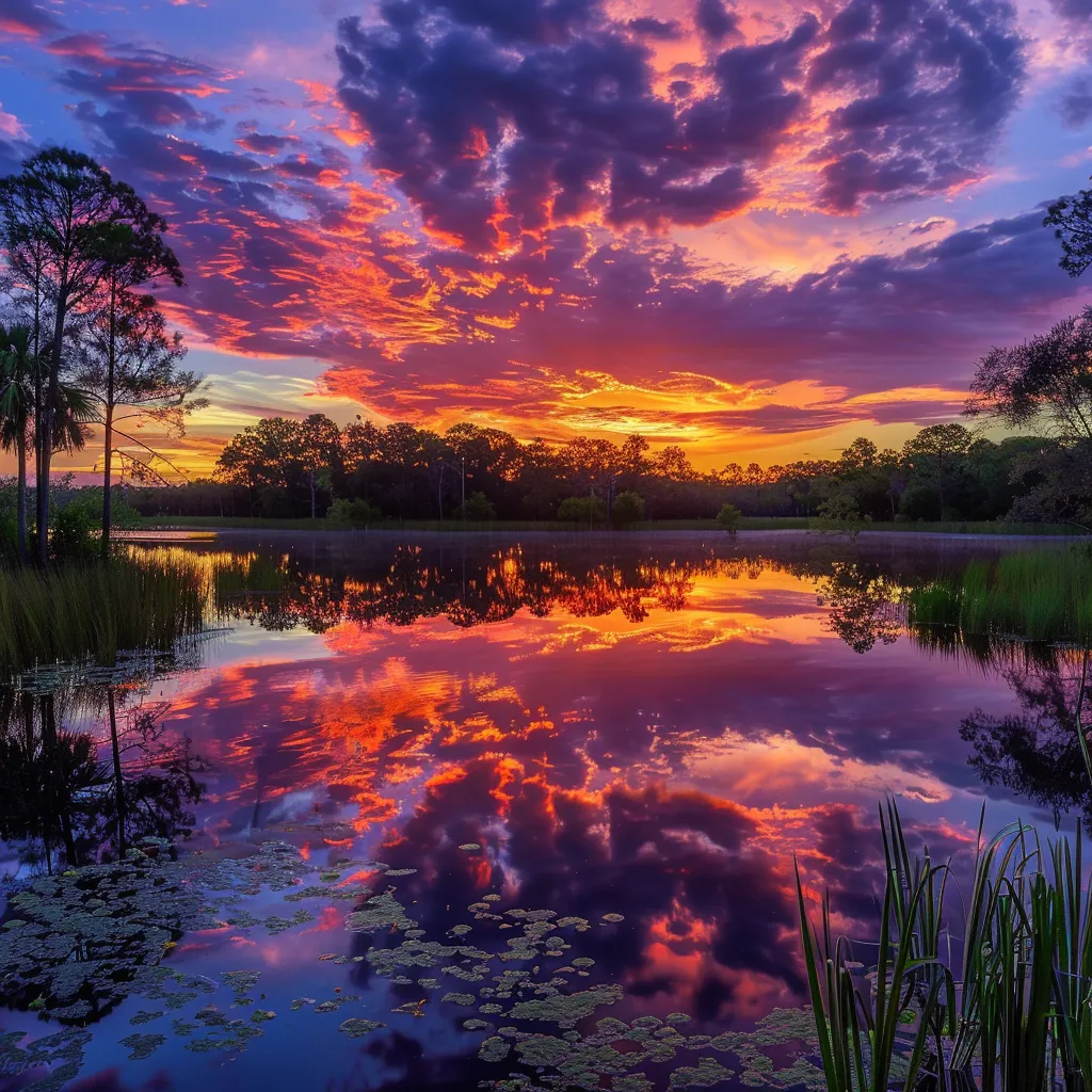 a breathtaking sunset casts vibrant hues of orange and purple over a tranquil lake, reflecting the dramatic clouds and surrounding lush greenery.