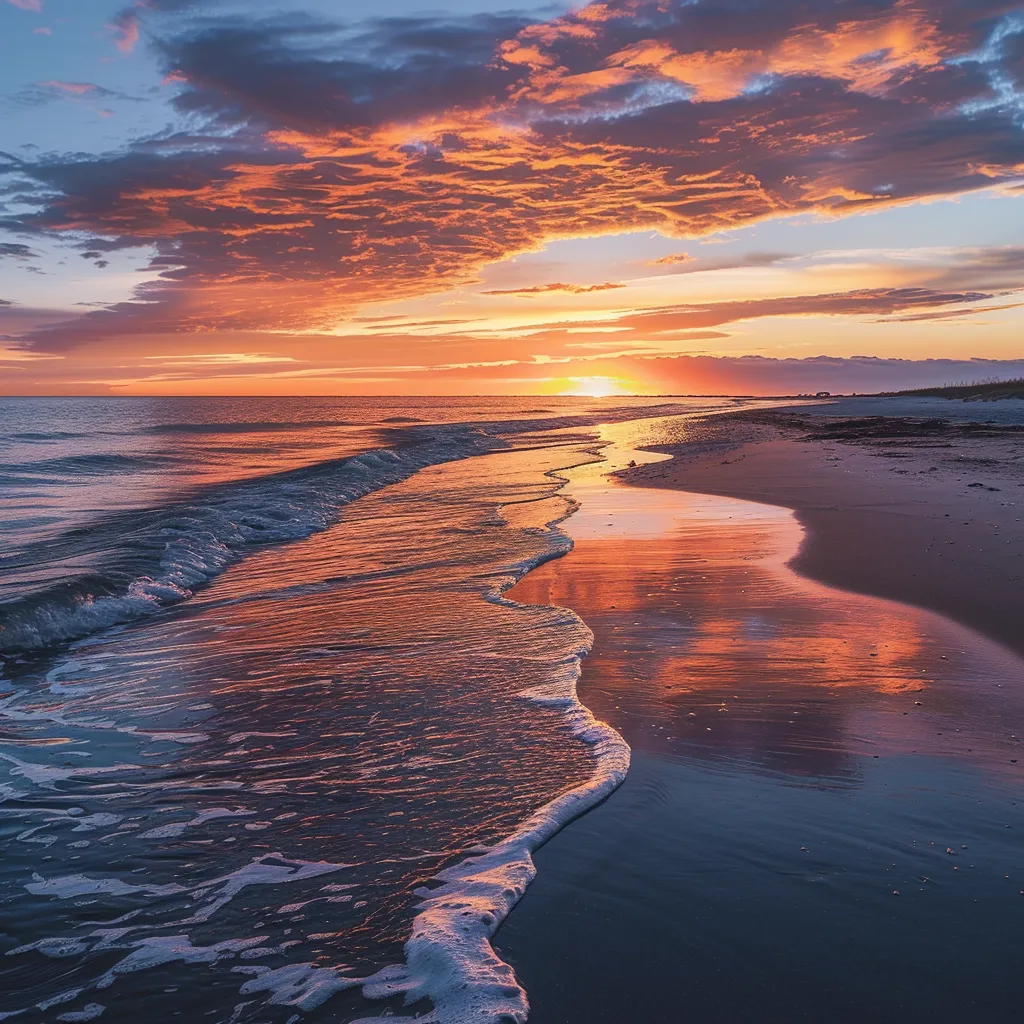a vibrant sunset casts a warm glow over a tranquil beach, where gentle waves softly lap against the shore, creating a serene atmosphere that invites reflection and peace.