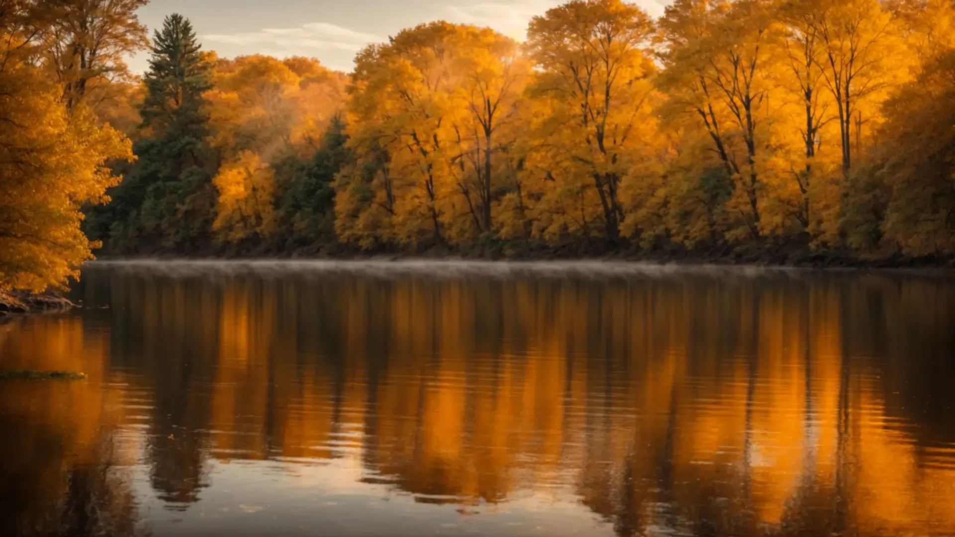 Breathtaking golden sunrise reflecting on calm water, surrounded by vibrant autumn trees, enhancing the serene atmosphere ideal for home improvement inspiration.
