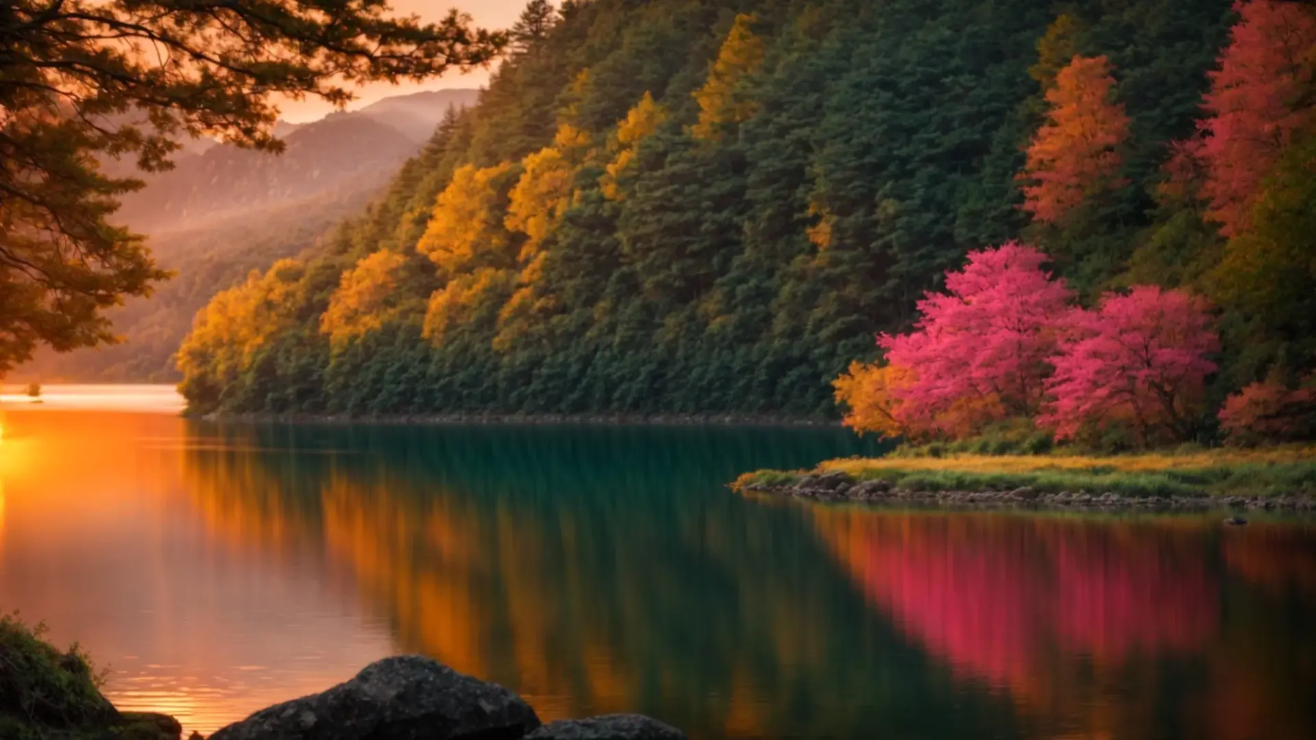 Breathtaking sunrise illuminating tranquil lake surrounded by vibrant autumn foliage and pink flowering trees, reflecting colors in still water.