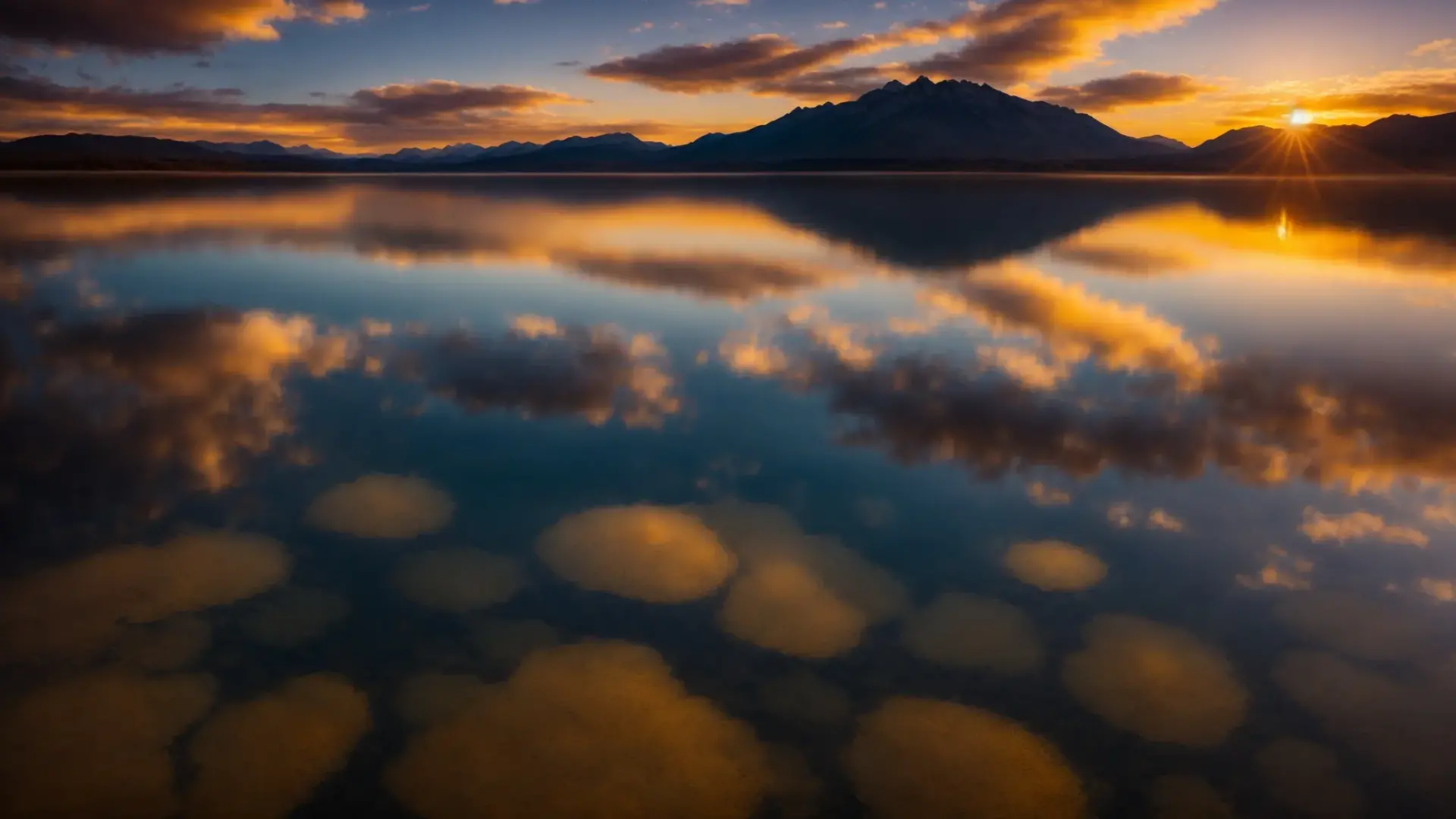 Breathtaking sunset reflecting on tranquil water with mountains in the background, highlighting serene natural beauty and calmness.