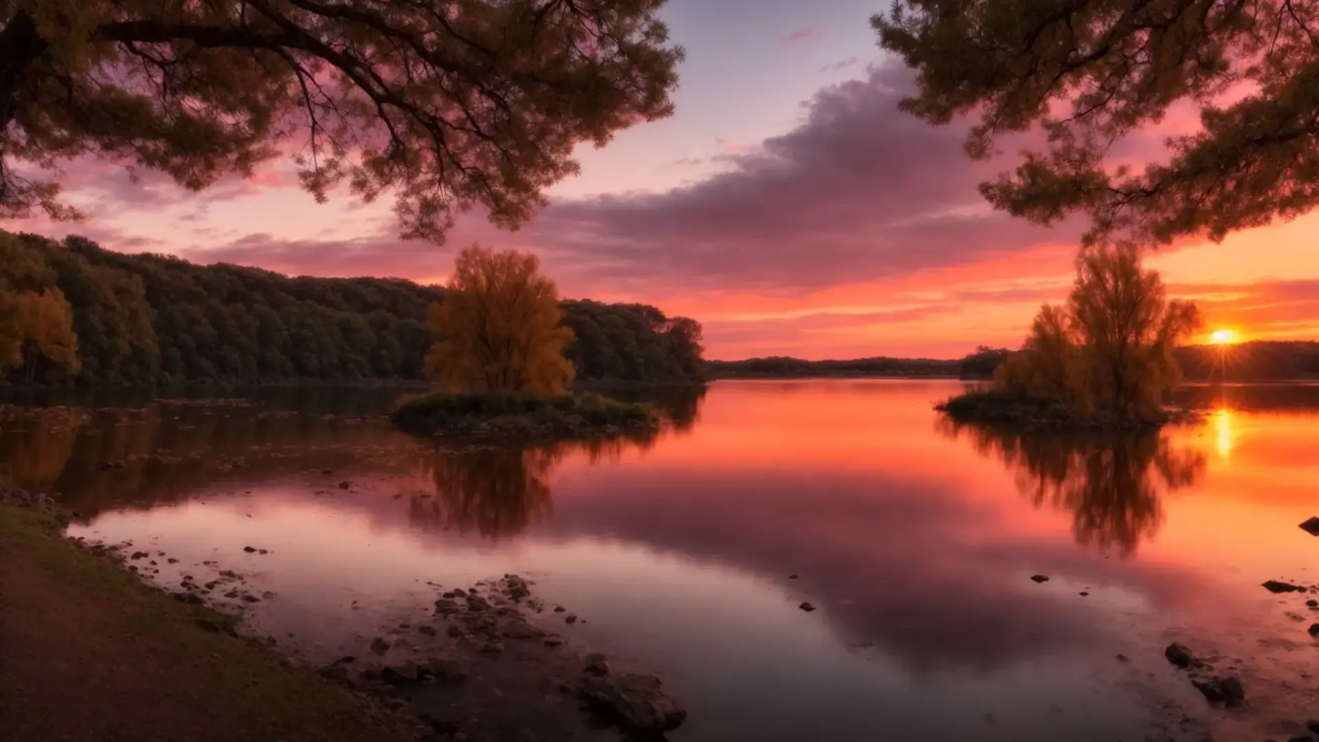 Breathtaking sunset over calm water reflecting vibrant hues of orange and pink, surrounded by lush trees and rocky shoreline, evoking tranquility and natural beauty.