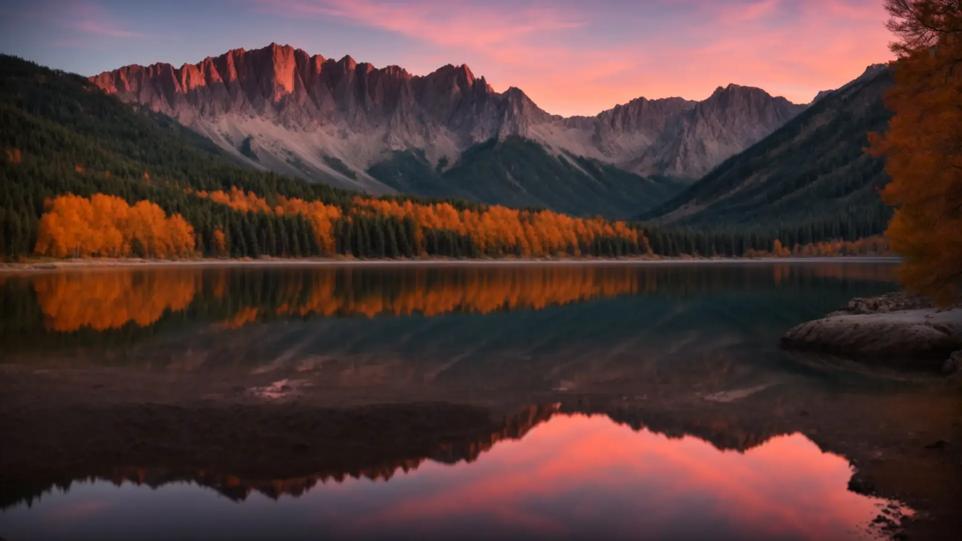 Breathtaking sunset over mountains reflecting in a calm lake, showcasing vibrant hues and autumn foliage, symbolizing energy efficiency and comfort in Arizona home improvement.