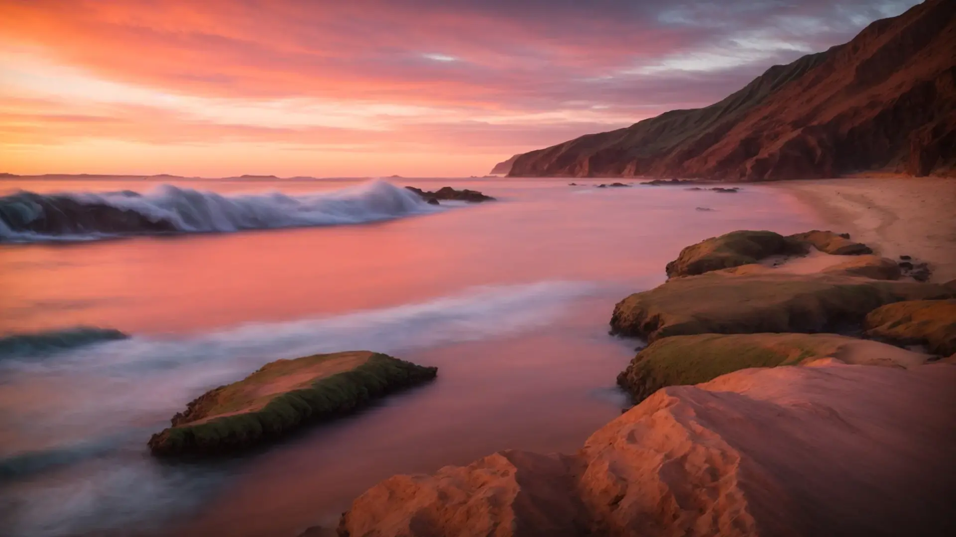 Breathtaking sunset illuminating rocky shoreline and gentle waves, highlighting the serene coastal landscape relevant to enhancing curb appeal for Arizona homes.