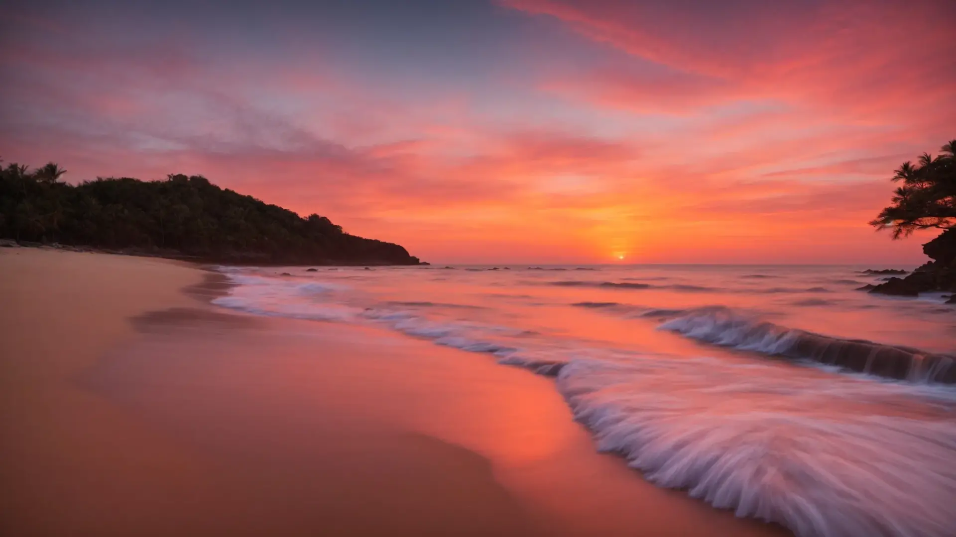 Breathtaking sunset over a tranquil beach, with gentle waves lapping at the shore and a silhouette of a hillside in the background, illustrating a serene coastal scene.