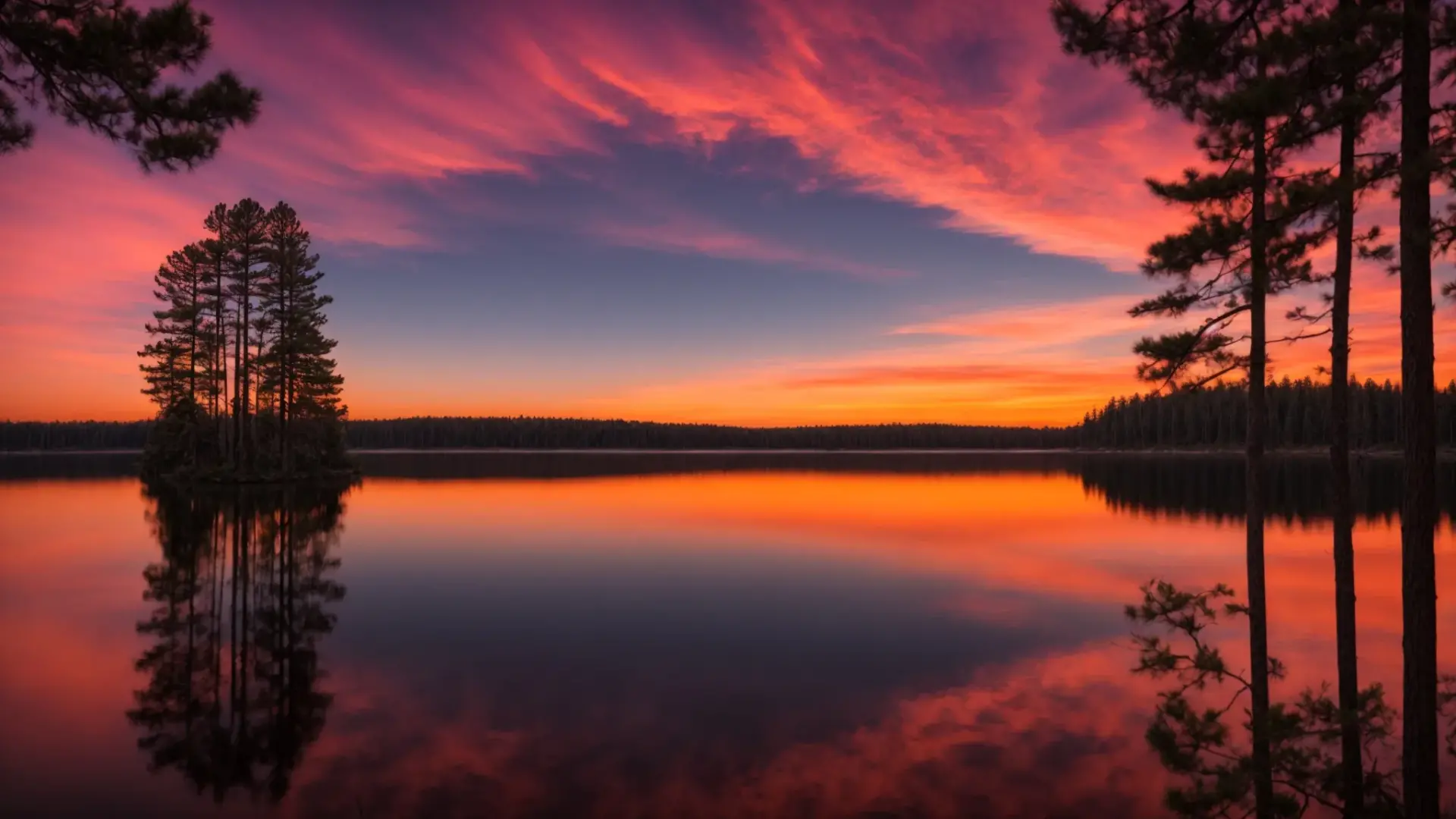 Breathtaking sunset over tranquil lake with colorful reflections, silhouetted trees, and serene landscape, enhancing the theme of peaceful home environments.