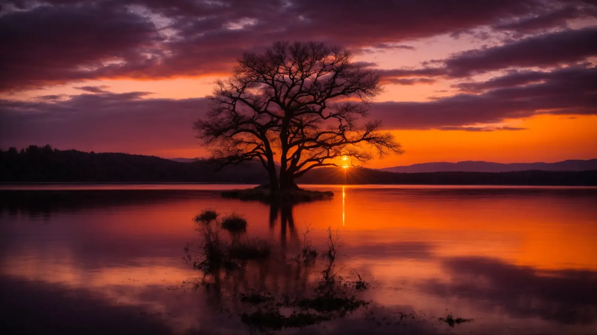 a breathtaking sunset spills vibrant oranges and purples across a serene lake, reflecting the glowing colors in perfect harmony with the silhouette of a lone tree standing majestically on the shore.