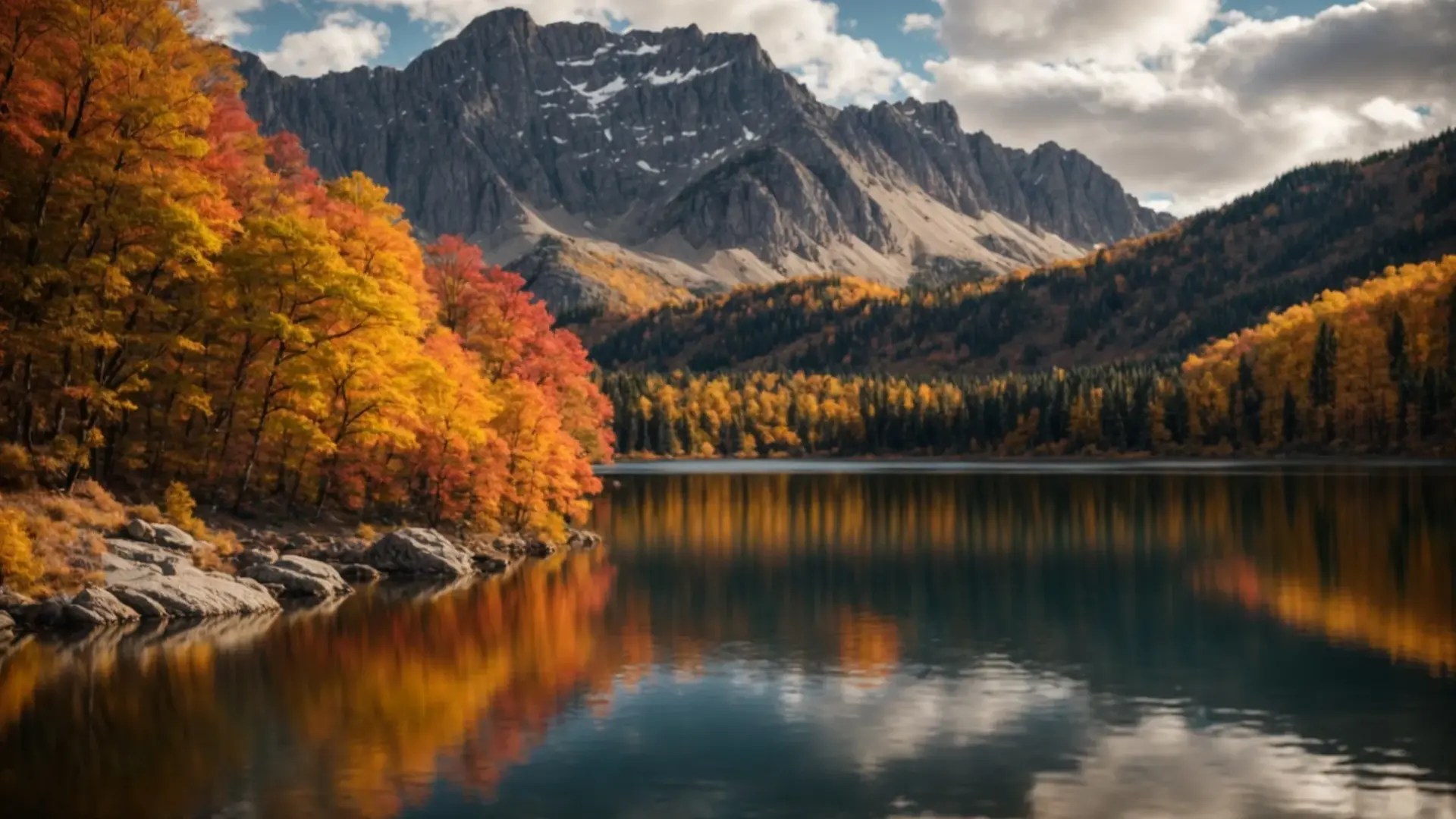 Majestic mountain landscape with autumn foliage reflecting in calm water, highlighting vibrant orange, red, and yellow trees against rocky terrain and blue sky.