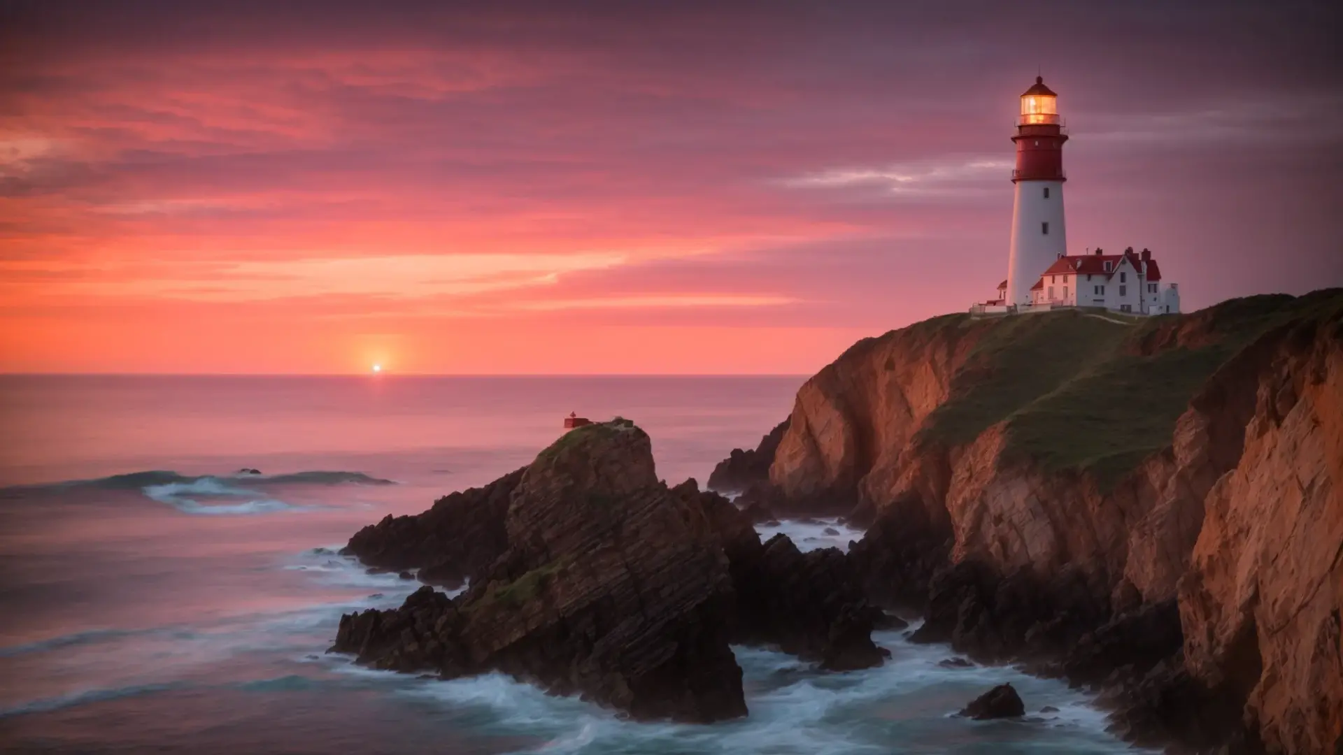 Majestic sunrise illuminating a coastal lighthouse on a rocky cliff, with vibrant pink and orange sky reflecting on calm ocean waters.