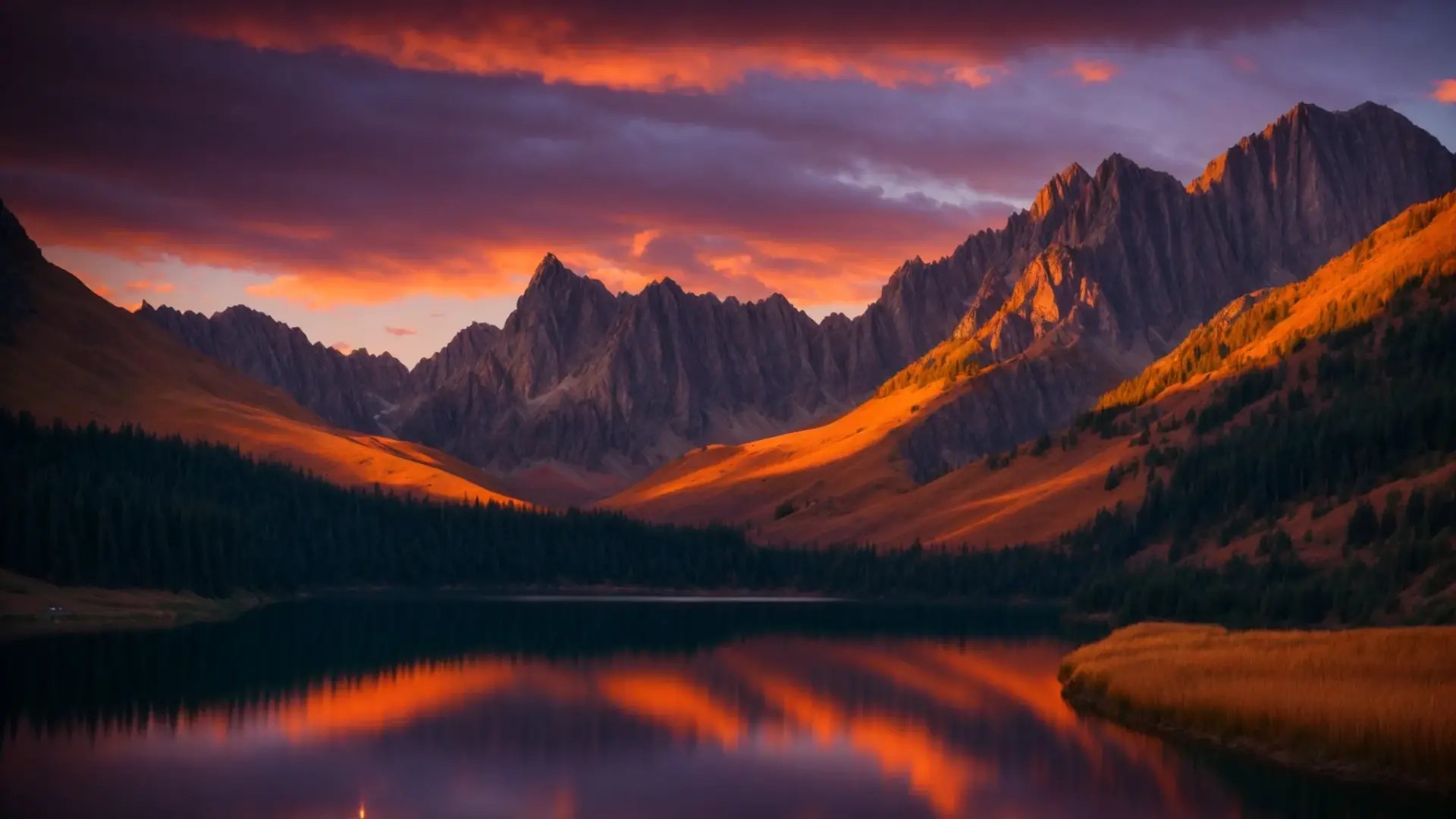 Majestic sunset over rugged mountains and a tranquil lake, reflecting vibrant hues of orange and purple, highlighting natural beauty relevant to Arizona home improvement themes.