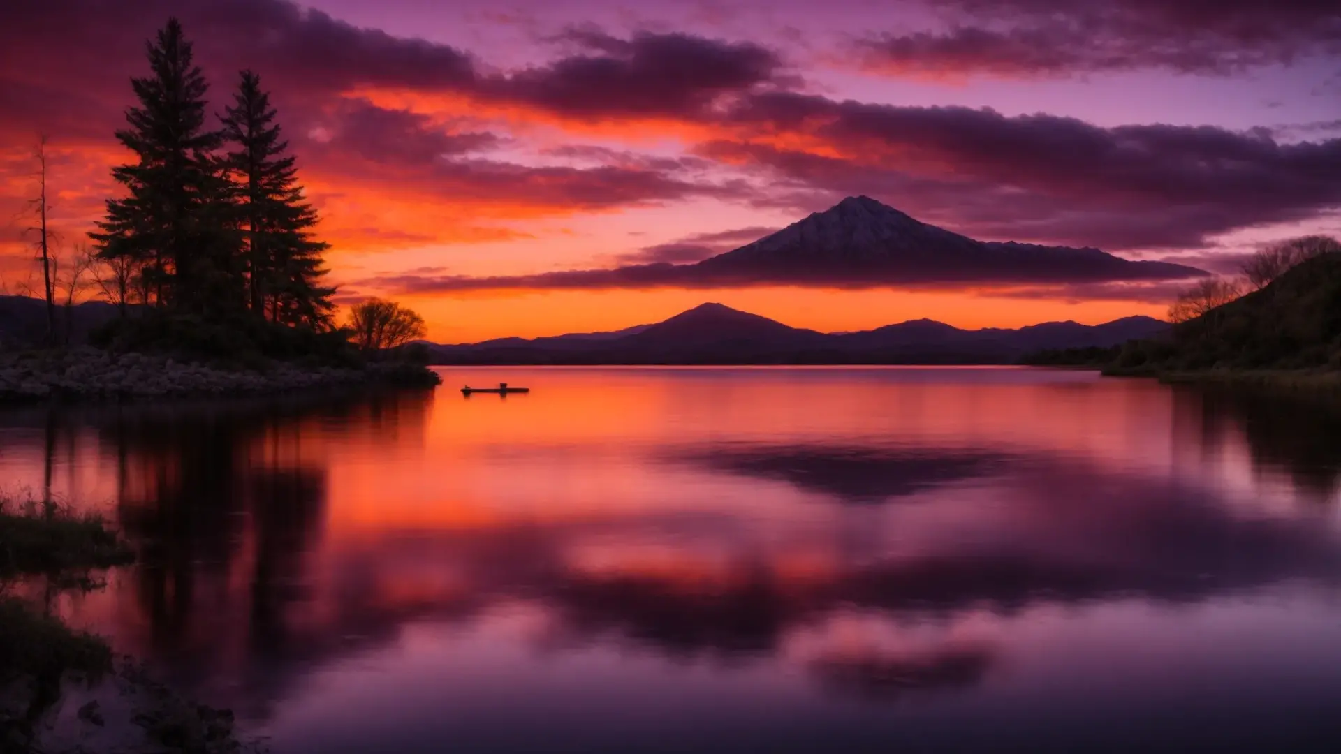 Vibrant sunset over a tranquil lake, reflecting shades of orange, purple, and pink, with silhouetted trees and a distant mountain, enhancing the serene atmosphere.