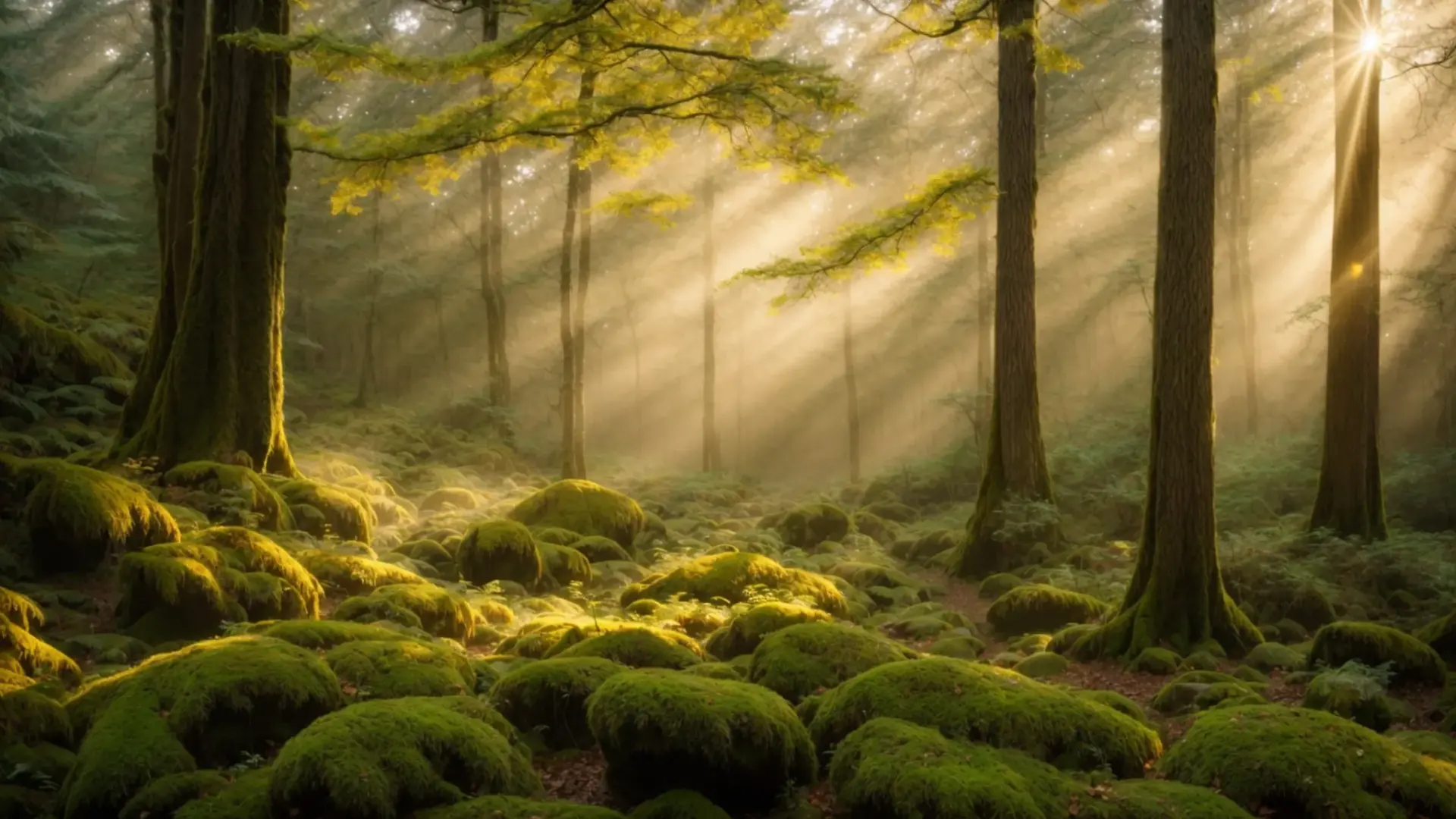 Serene fog-draped forest with sunlight filtering through trees, highlighting lush green moss-covered rocks, evoking tranquility and natural beauty.