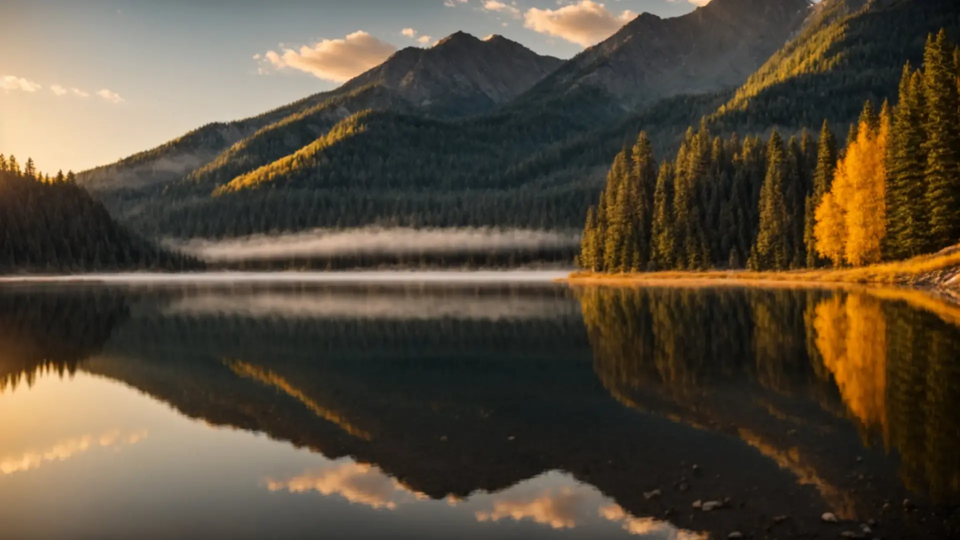 Serene landscape with mountains, pine trees, and a calm lake reflecting autumn colors and clouds at sunset.