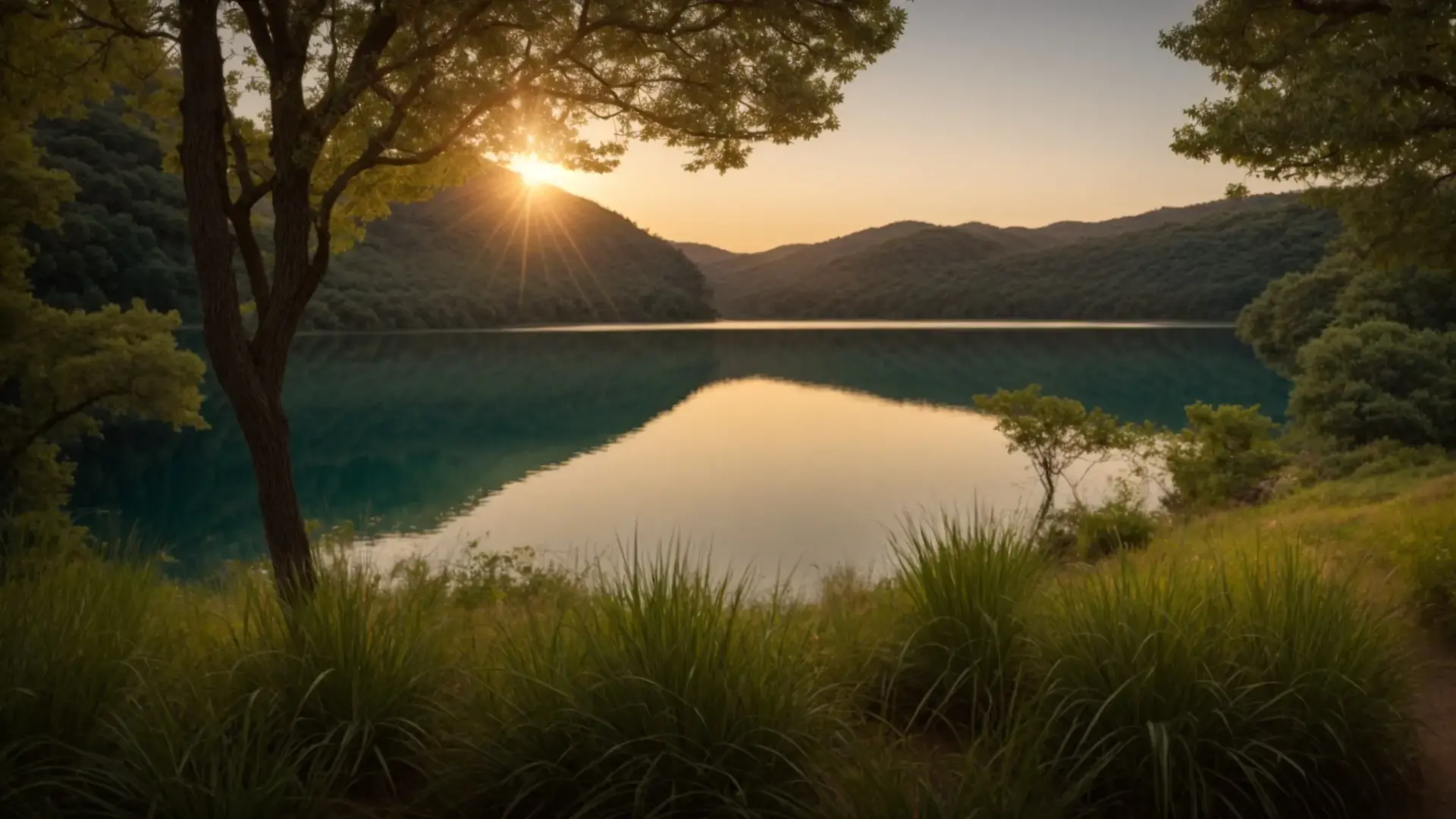 Serene sunrise over a calm lake surrounded by lush greenery and mountains, reflecting the tranquil landscape, emphasizing the importance of durability and aesthetic appeal in garage door selection for Arizona homes.