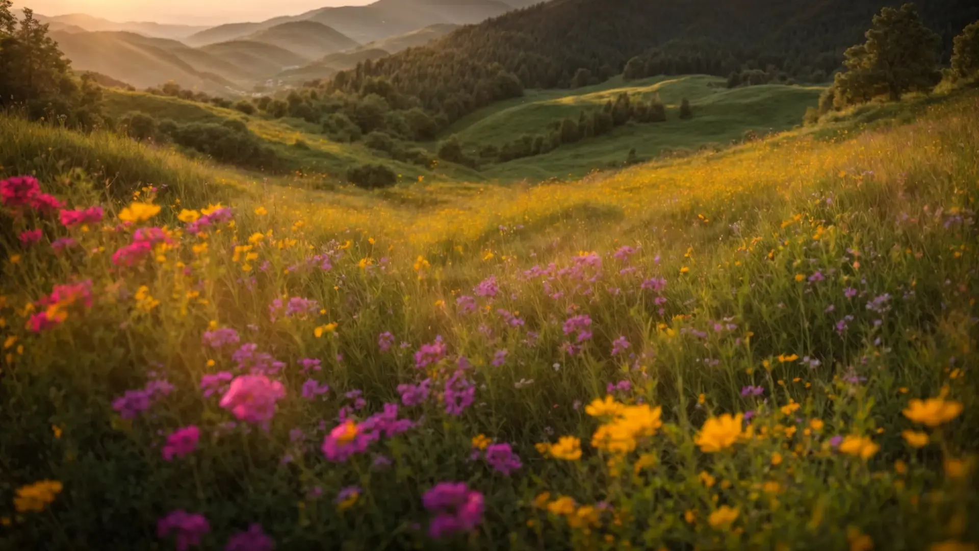 a vibrant, sunlit meadow bursts with wildflowers in an explosion of color, inviting the eye to explore its lush greenery and serene beauty.
