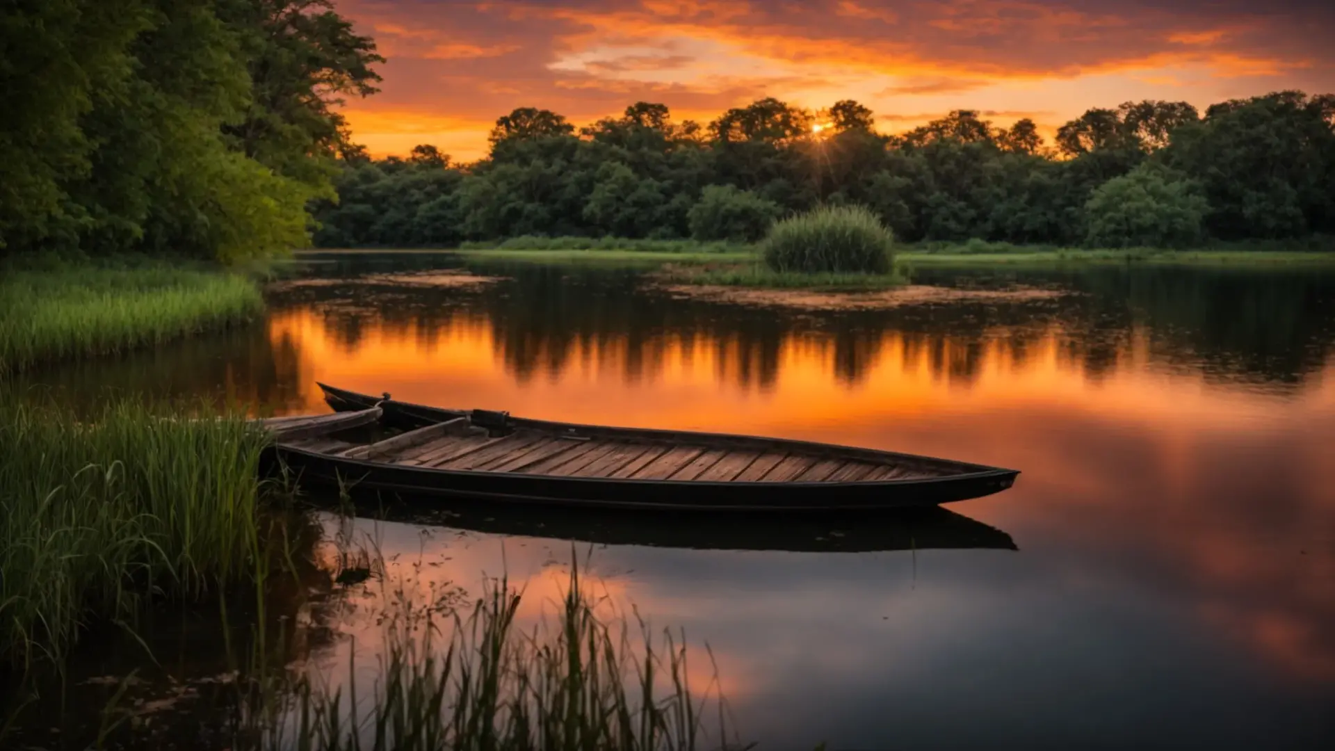 Serene sunset over a calm lake with a wooden boat anchored near lush green grass and trees, reflecting warm golden hues in the water.