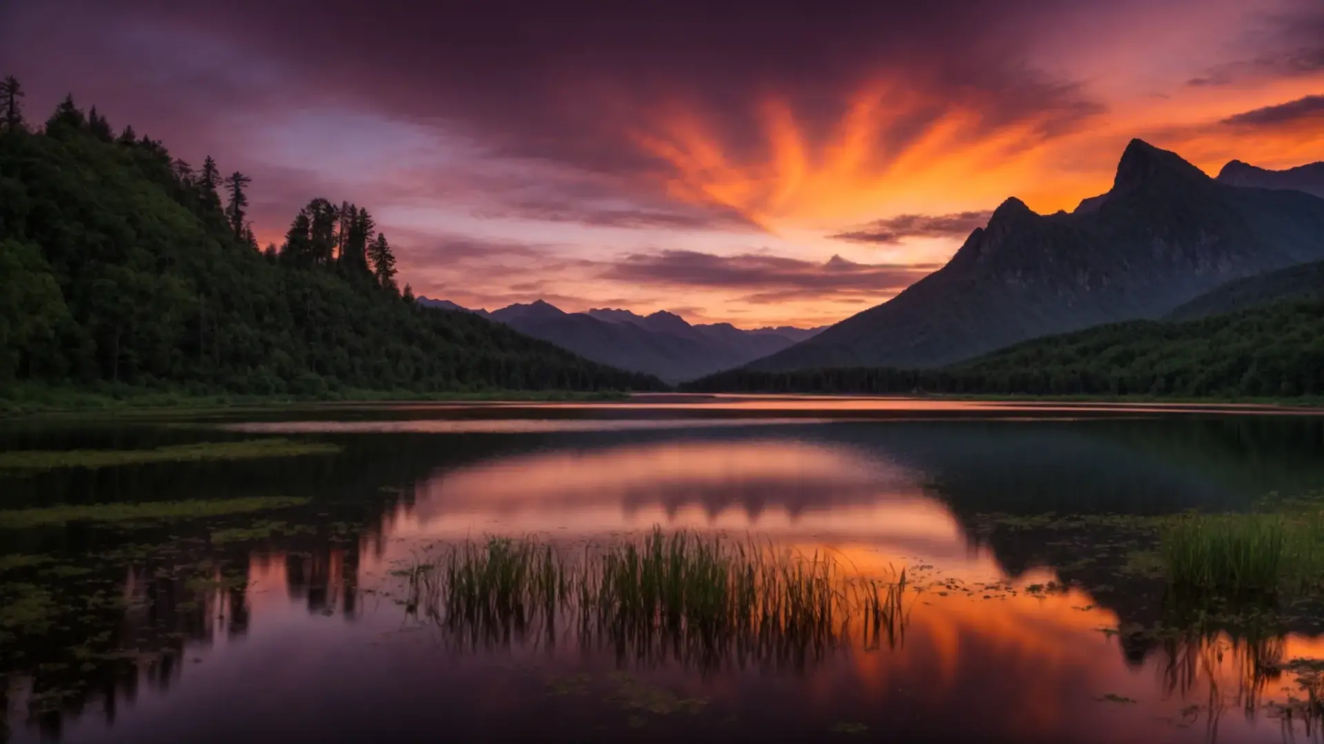Vibrant sunset over a tranquil lake surrounded by mountains and lush greenery, reflecting warm colors in the water, highlighting natural beauty and serene landscape.