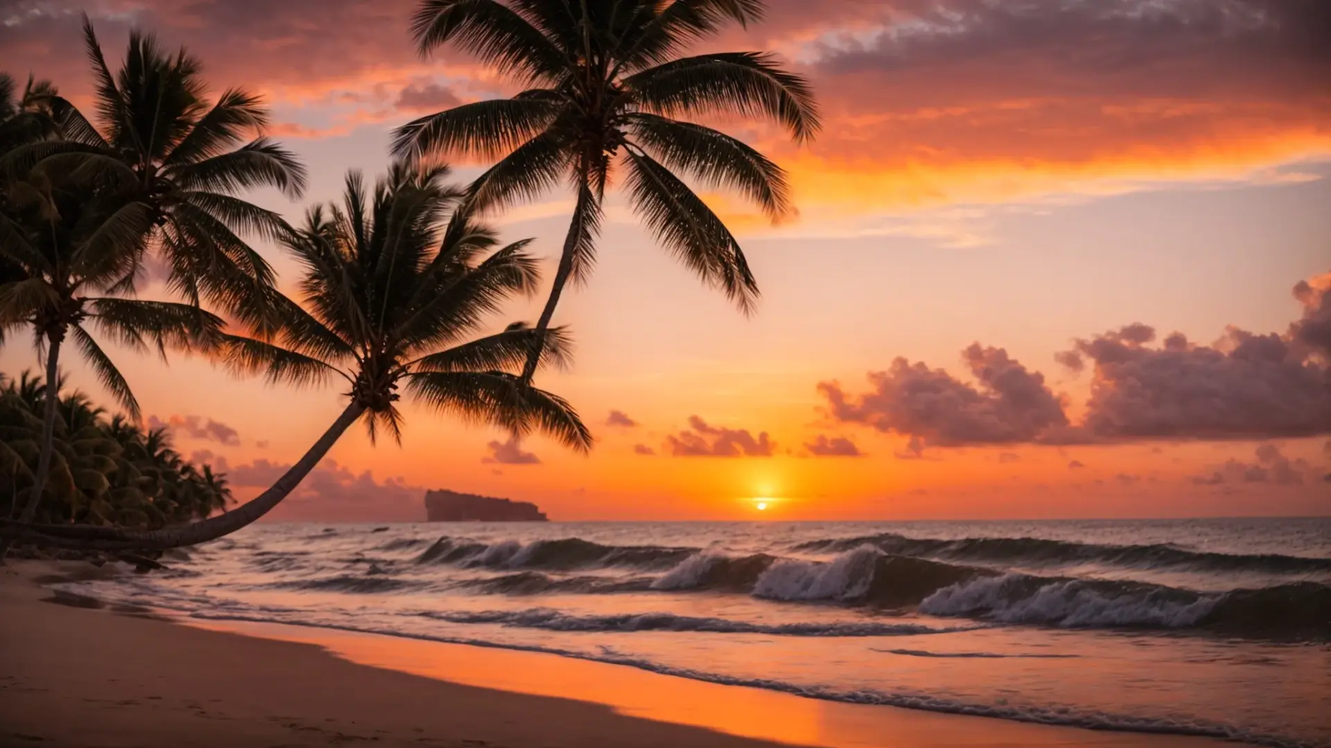 Vibrant sunset over ocean with palm trees, reflecting warm hues and creating a serene coastal atmosphere, enhancing themes of home comfort and tranquility.