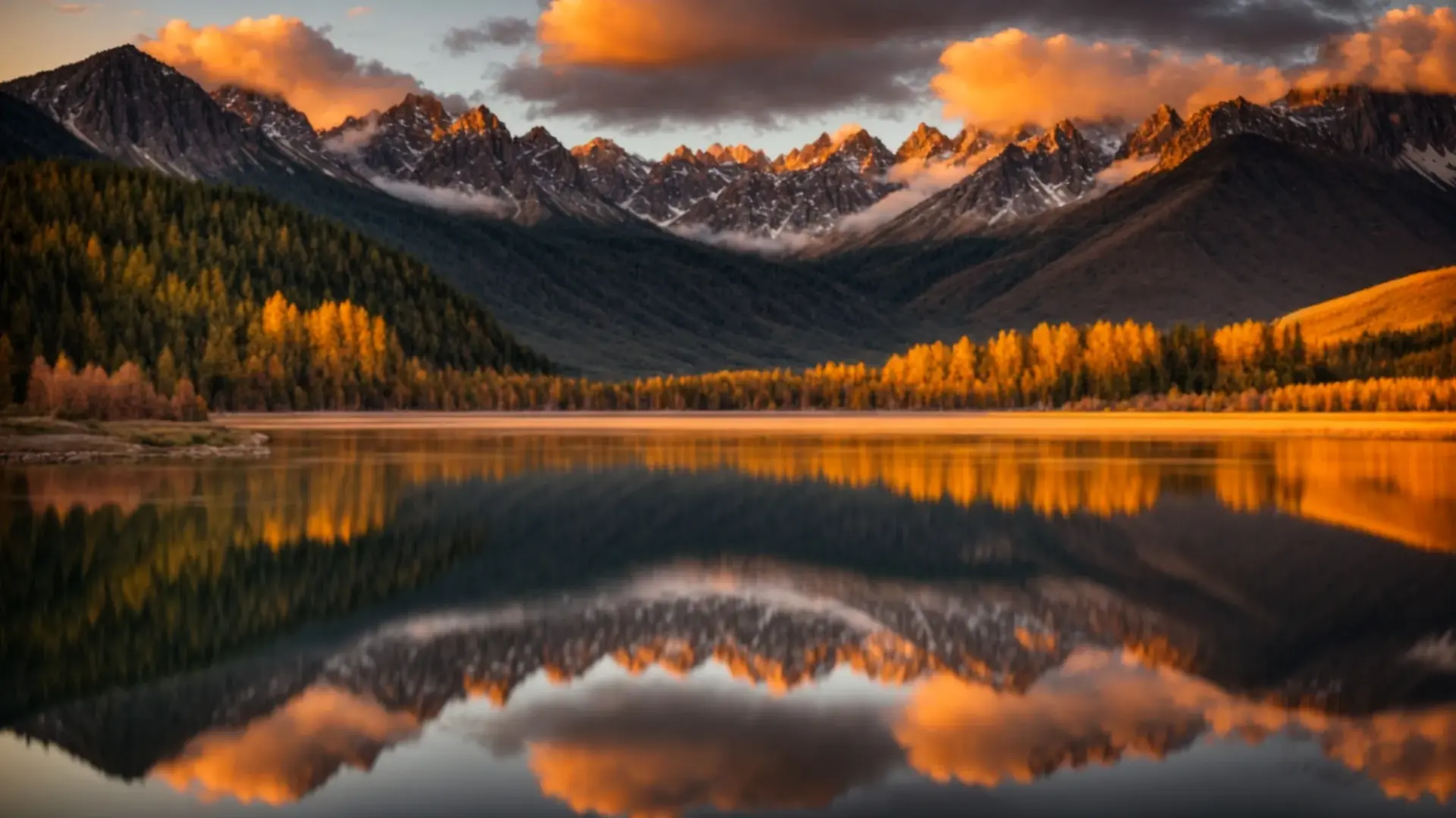 Vibrant sunset reflecting over calm lake, surrounded by autumn foliage and majestic mountains, illustrating serene natural beauty.