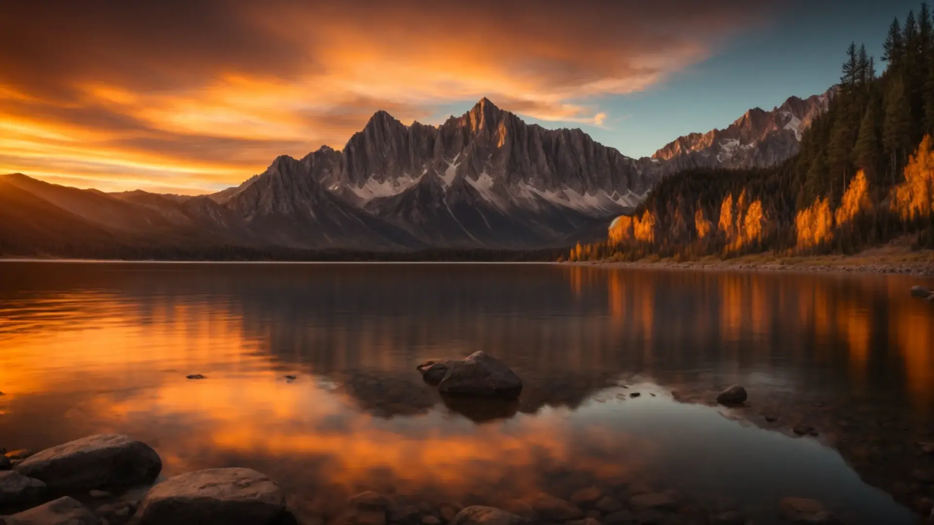 Vibrant sunset over mountains reflecting in calm lake waters, highlighting natural beauty and tranquility.