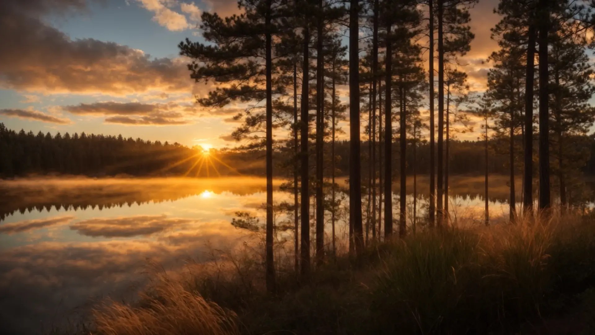 Vibrant sunset over a tranquil lake surrounded by tall pine trees, reflecting warm golden hues and soft clouds, illustrating the serene beauty of Arizona's natural landscape.