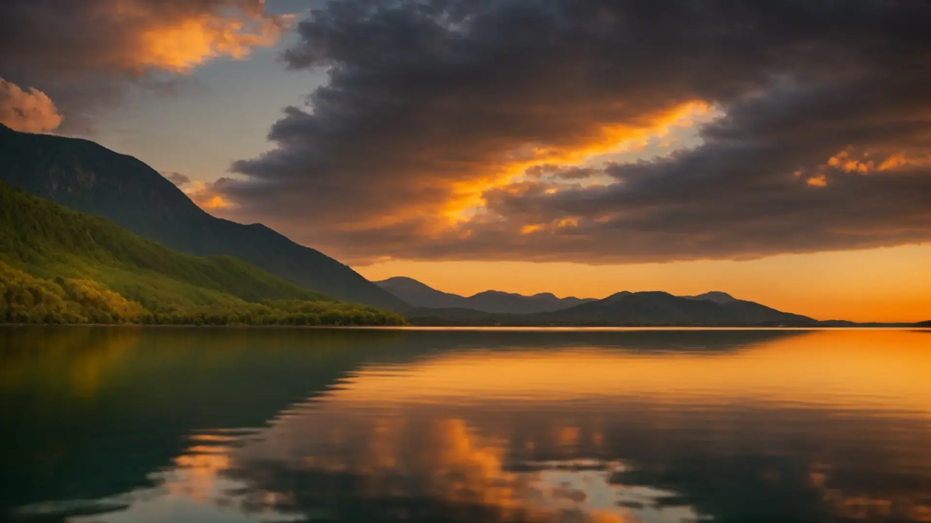 Vibrant sunset over tranquil lake with golden reflections on the water, surrounded by lush green mountains and dramatic clouds.