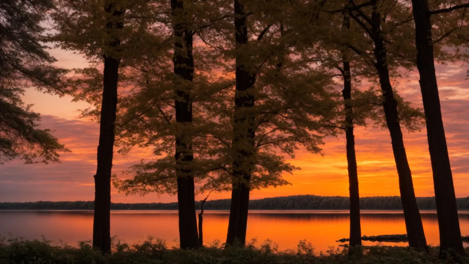 Vibrant sunset casting warm golden hues over a calm lake, framed by silhouetted trees, creating a serene atmosphere.