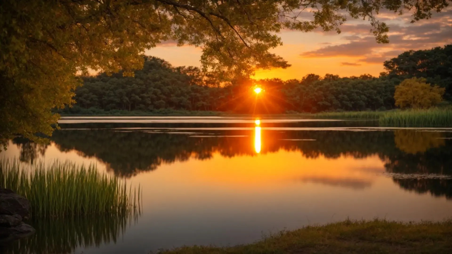 Vibrant sunset reflecting on calm water, surrounded by trees and grass, enhancing the serene atmosphere related to home garage environments.