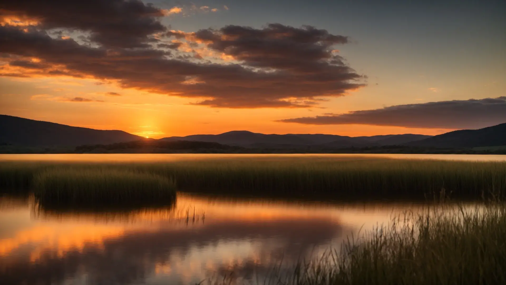 Vibrant sunset over rolling hills reflecting in calm water, with lush grass in the foreground, illustrating serene natural beauty relevant to energy-efficient home design in Arizona.