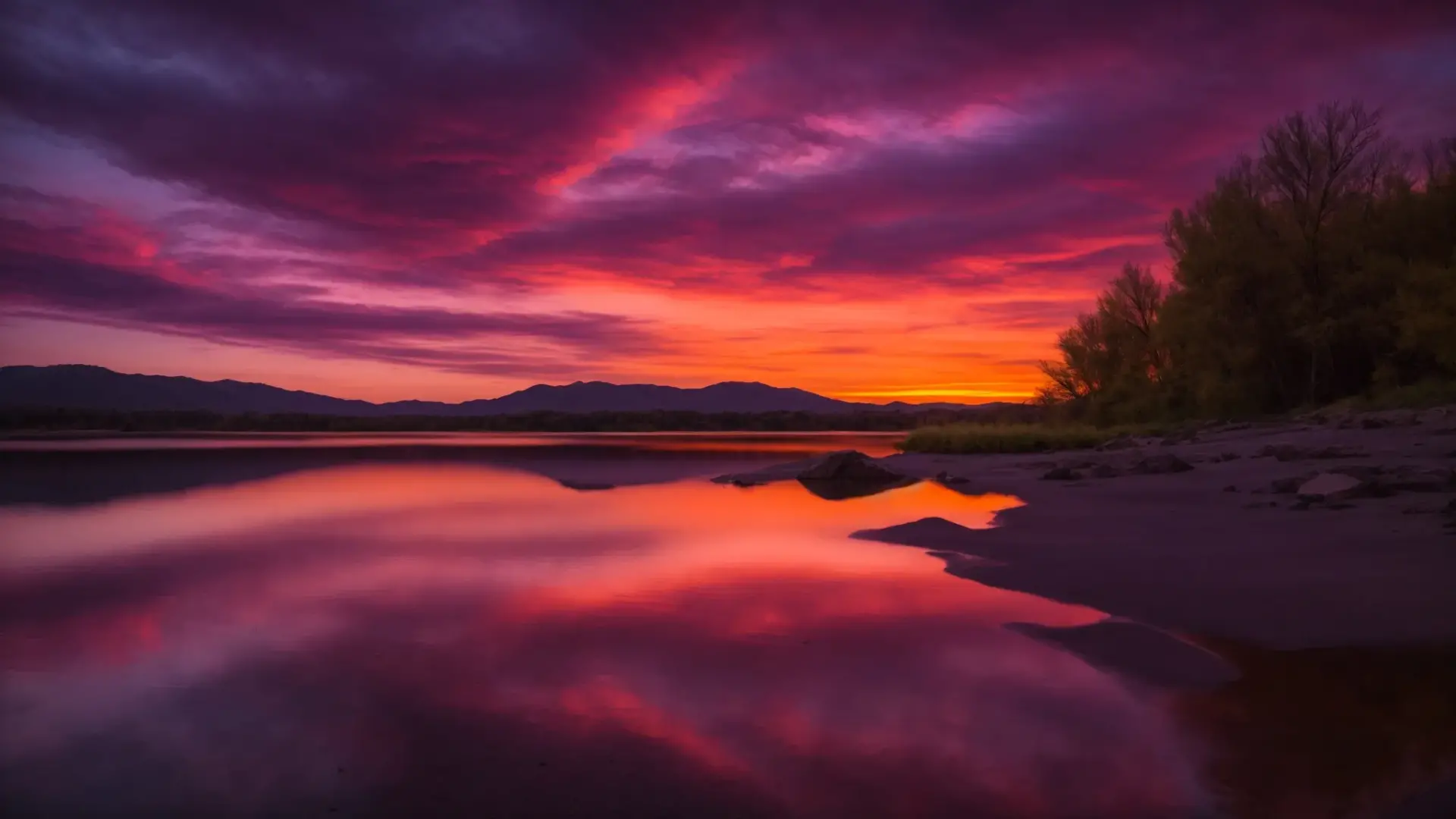 Vibrant sunset over calm water reflecting purple and orange hues, enhancing garage door aesthetics and energy efficiency discussions for Arizona homes.