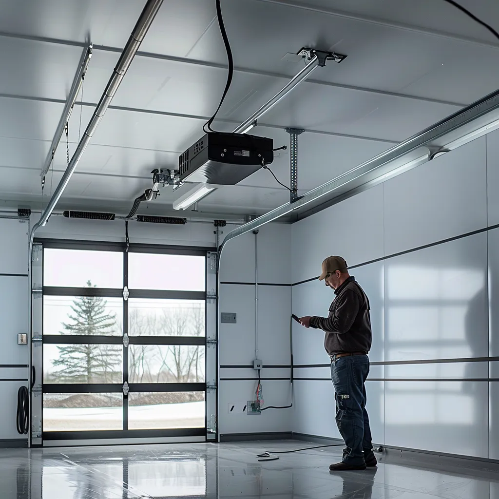 Man inspecting a modern garage space with a focus on maintenance, featuring a clean interior, garage door system, and tools for routine care.