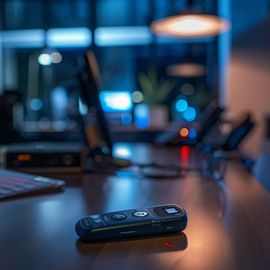 a clear, focused image of an open garage door remote casing, showcasing the intricate dip switch configuration inside, illuminated by soft office lighting, emphasizing precision and technical detail in a sleek, modern workspace.