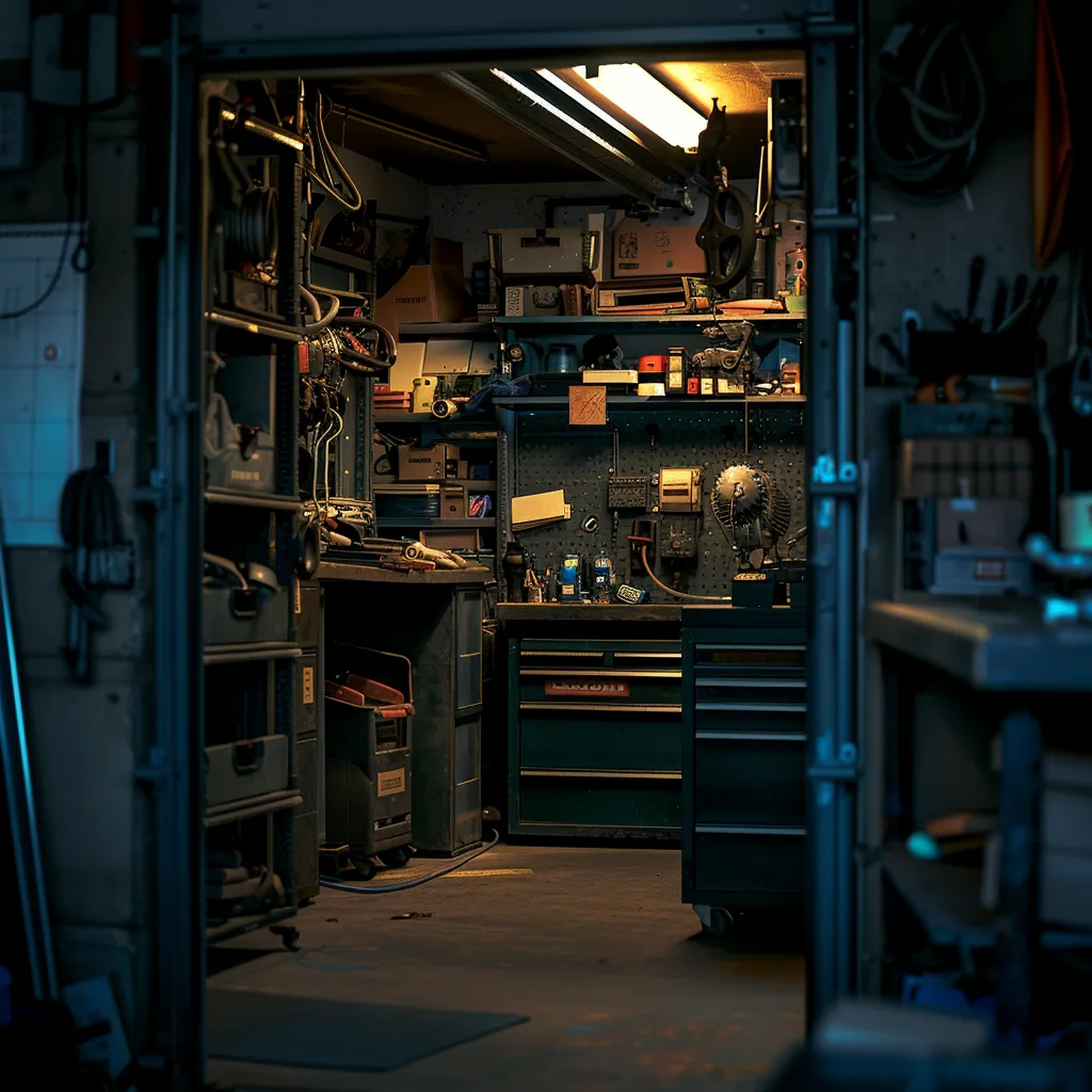 Garage workshop interior with tools, equipment, and storage units, illustrating a practical space for troubleshooting garage door issues during power outages.
