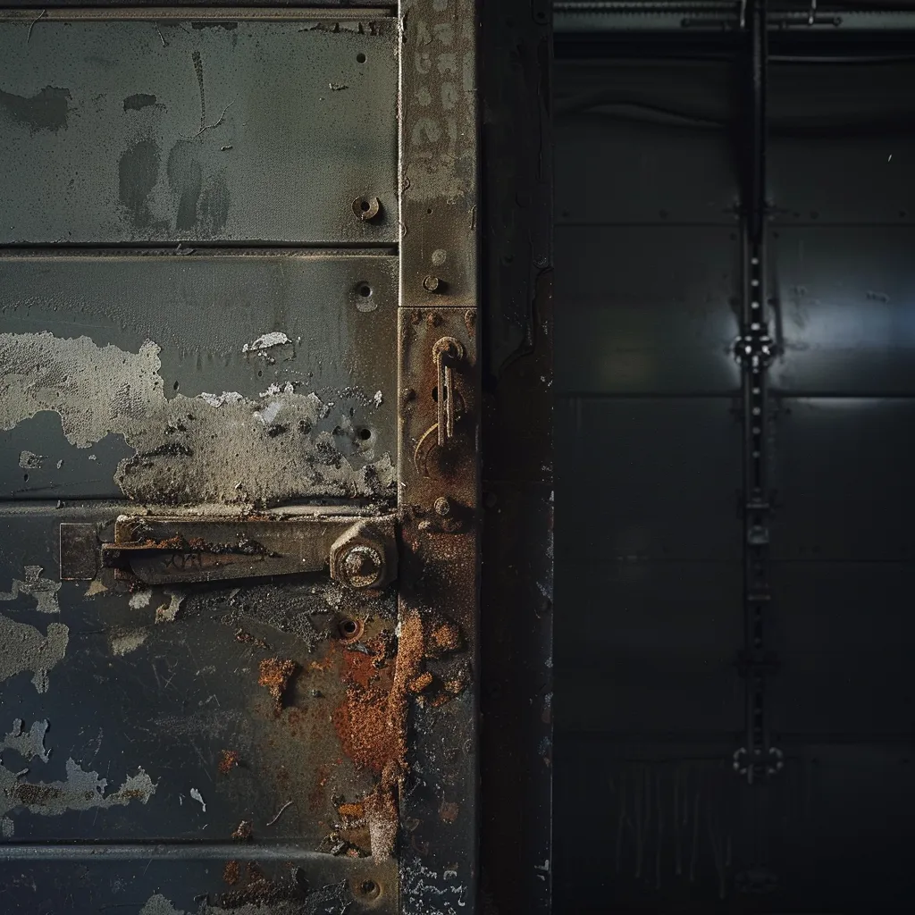 Rusty and damaged garage door with peeling paint and corroded lock mechanism, illustrating signs of neglect and the need for maintenance.
