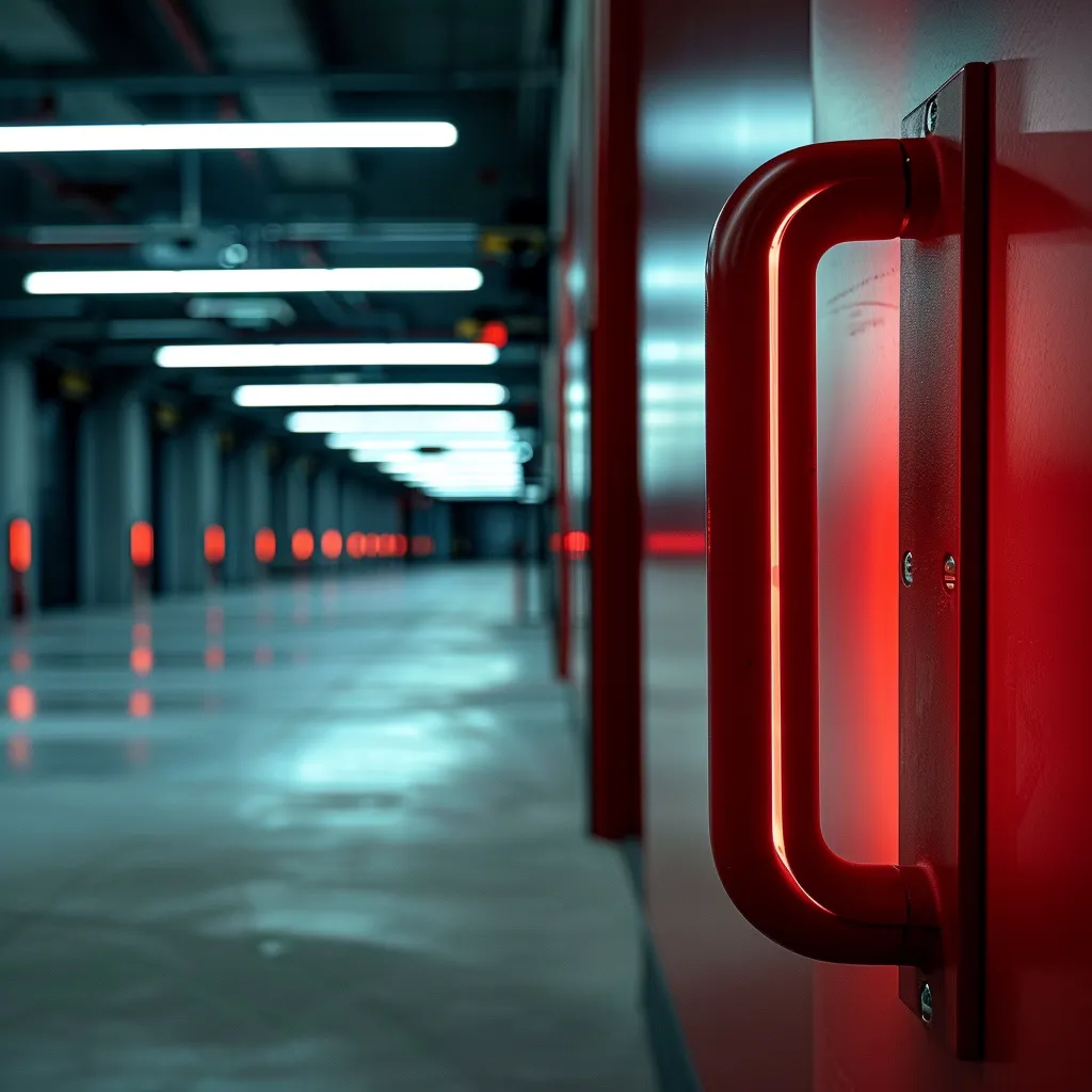 Red emergency release handle on a garage door in a well-lit corridor, emphasizing manual operation during power outages.