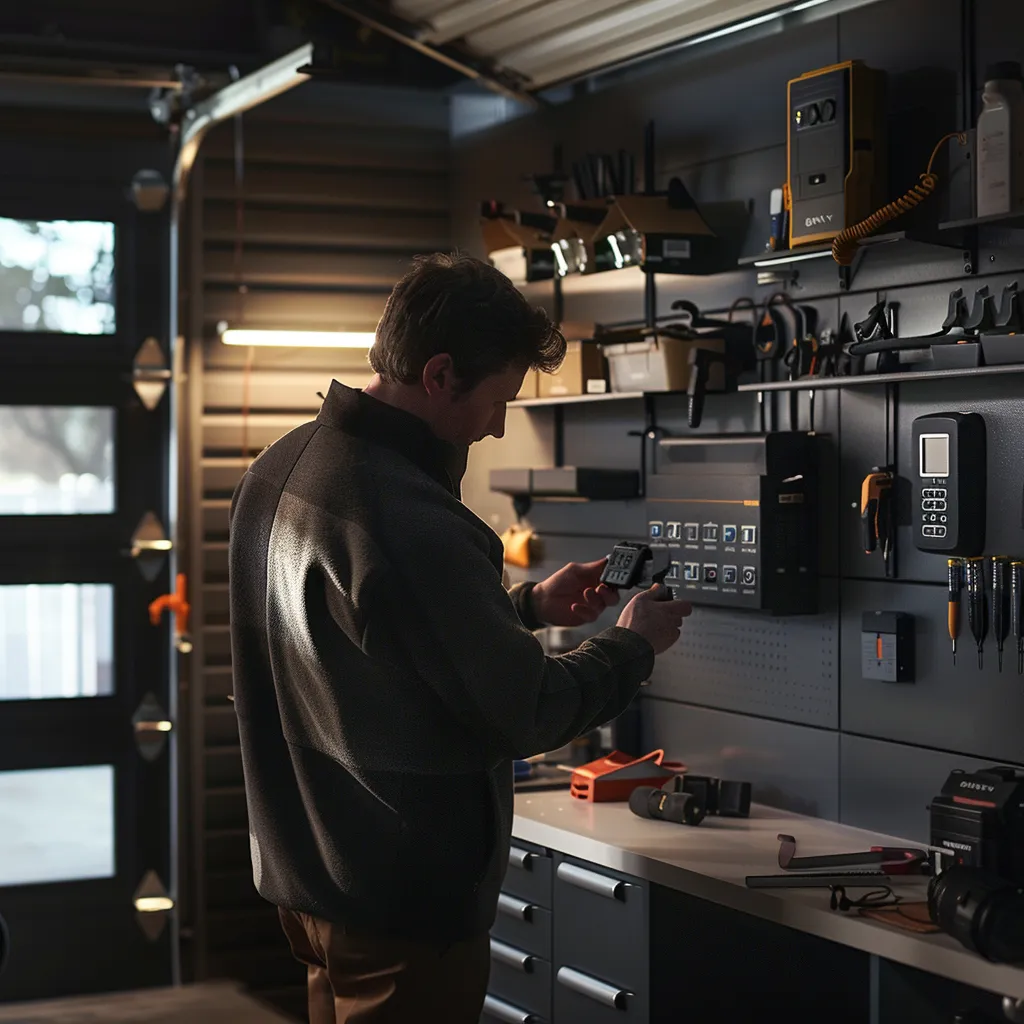 a close-up view of a modern garage with an open panel, revealing a technician inspecting the sleek remote control and wall-mounted button, surrounded by tools and equipment in a well-lit, organized workspace.