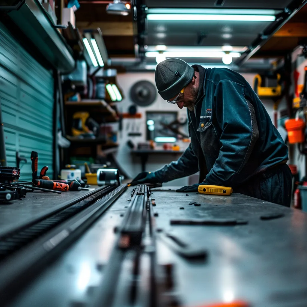 a focused close-up view of an expansive garage interior, showcasing a technician inspecting the meticulously aligned tracks and rollers of a garage door, with tools laid out methodically on a clean workbench and bright, fluorescent lighting illuminating the detailed mechanics.