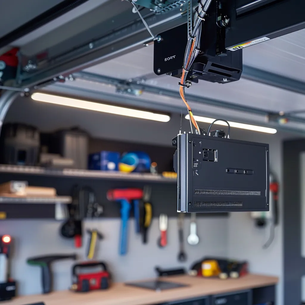 a focused close-up of a modern garage door opener installed on the ceiling, with visible electrical connections and an organized workspace featuring tools like a multimeter and wire strippers, highlighting the meticulous process of ensuring power supply connectivity in a utilitarian garage setting.