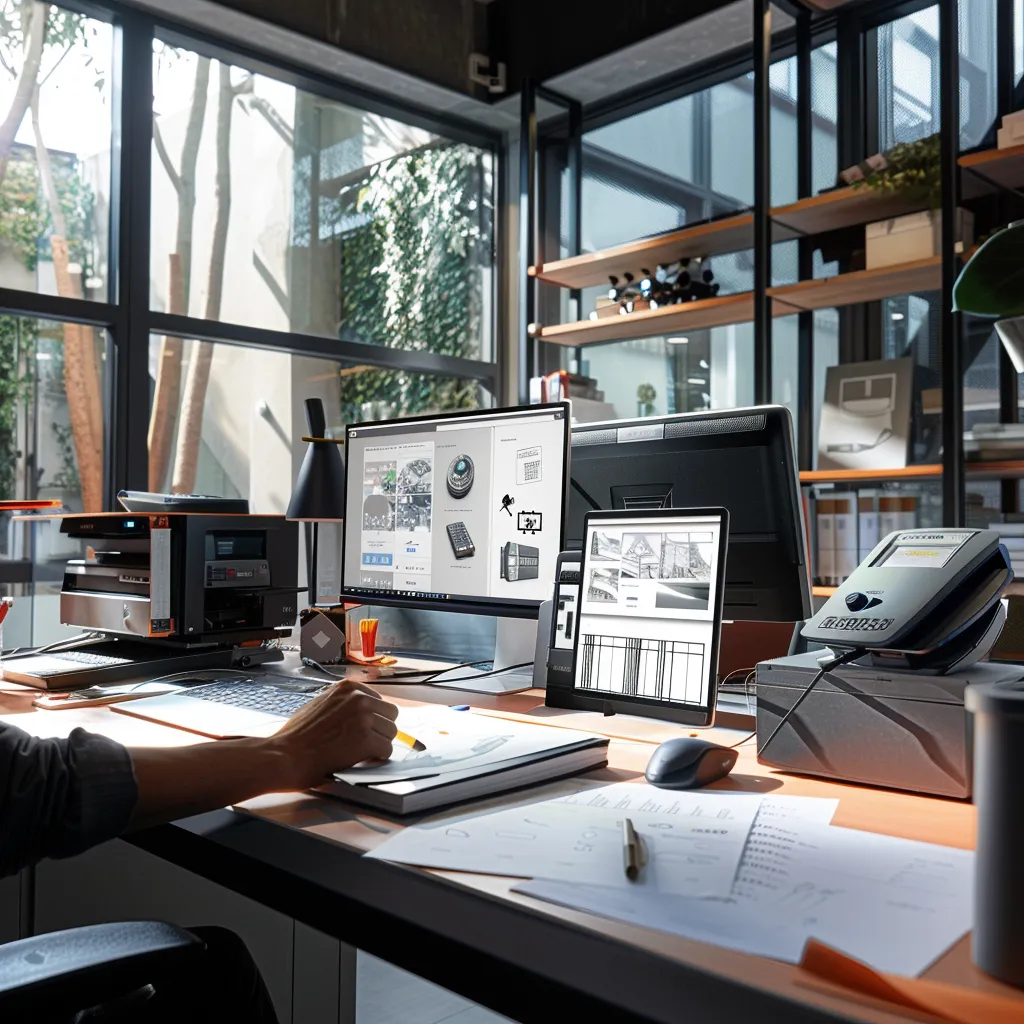 a focused, modern office setting features a person consulting an open instruction manual for a universal garage door remote, surrounded by organized tech gadgets and a sleek workspace that emphasizes precision and attention to detail in the setup process.