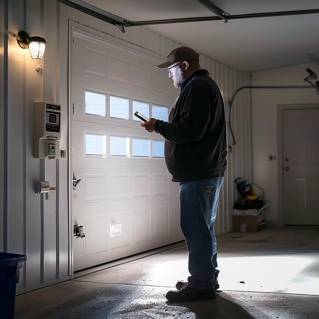 Person standing in a garage, holding a smartphone, inspecting a garage door, illuminated by overhead light, emphasizing manual operation and safety during power outages.