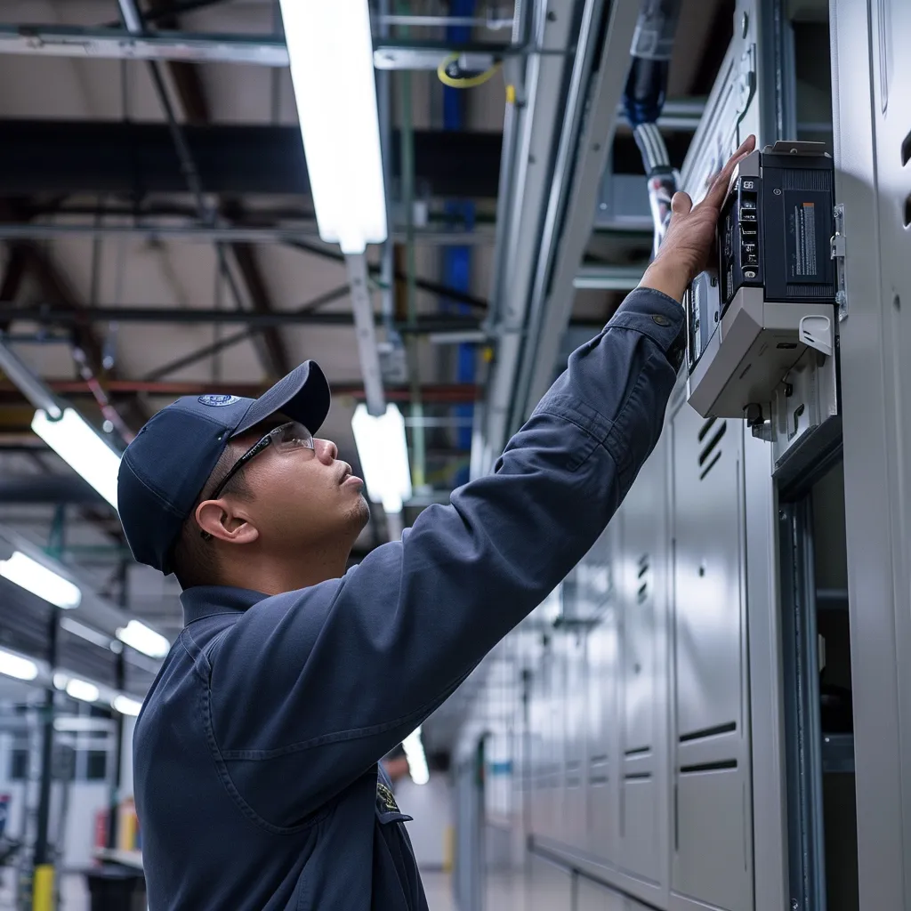 a focused technician in a modern industrial garage inspects a sleek liftmaster safety sensor system, ensuring precise alignment and unobstructed functionality under bright, overhead led lights.