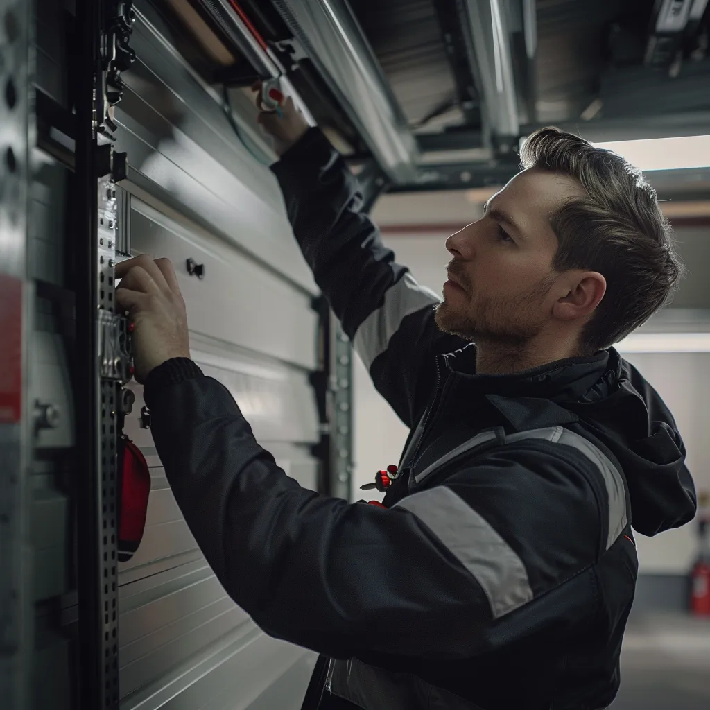 a focused technician inspects the inner workings of a modern garage door system, showcasing the manual disconnect mechanism and door lock status in a sleek, well-lit workshop environment.